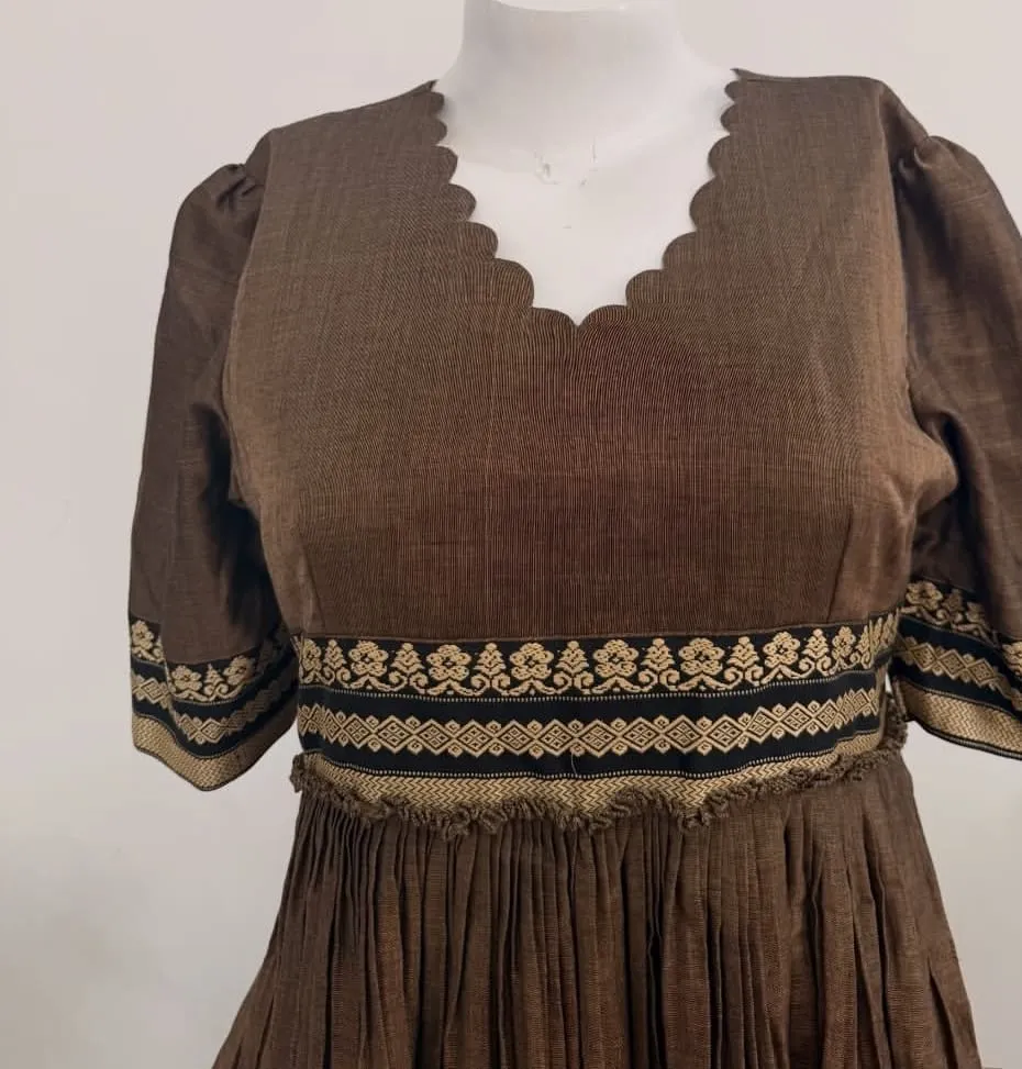 Wholesale Handloom Cotton Long Frock with Zari Border & Scallop Neck | Manufacturer Price