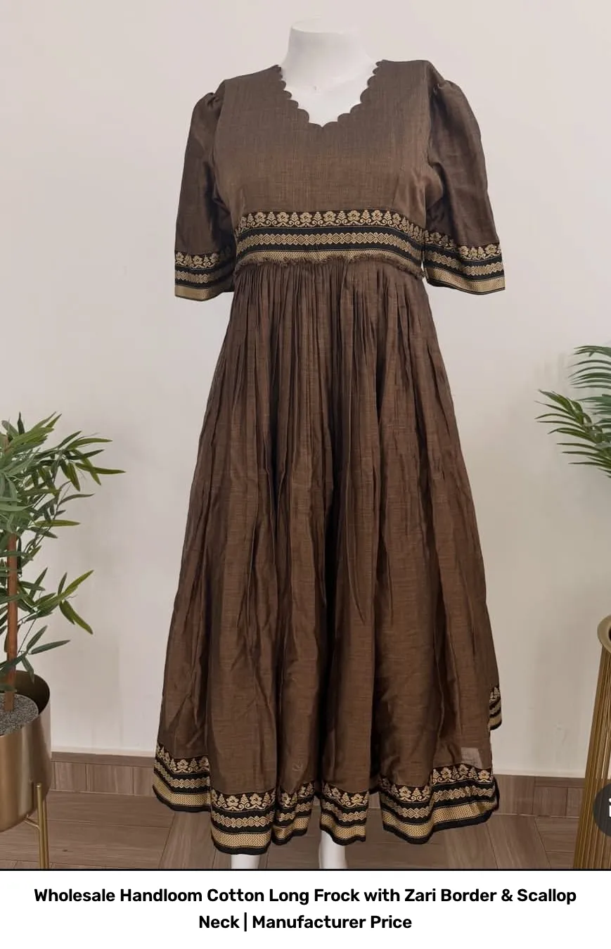 Wholesale Handloom Cotton Long Frock with Zari Border & Scallop Neck | Manufacturer Price 2
