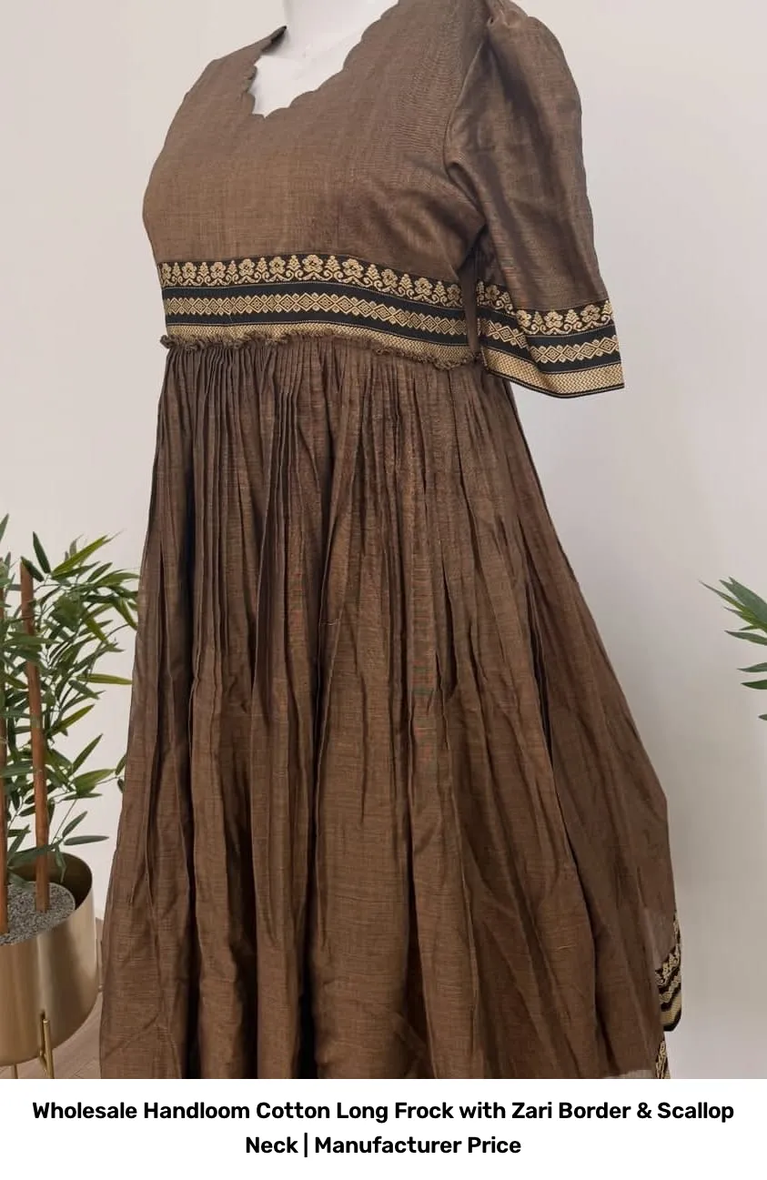 Wholesale Handloom Cotton Long Frock with Zari Border & Scallop Neck | Manufacturer Price 3