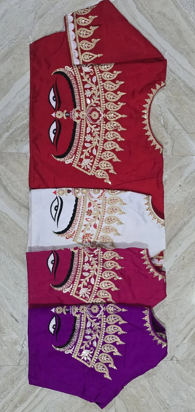 Wholesale Maa Durga Motif Embroidered Readymade Blouse – Malai Cotton Front Open Choli with Gold Zari & Sequin Work (Free Size 32–44)