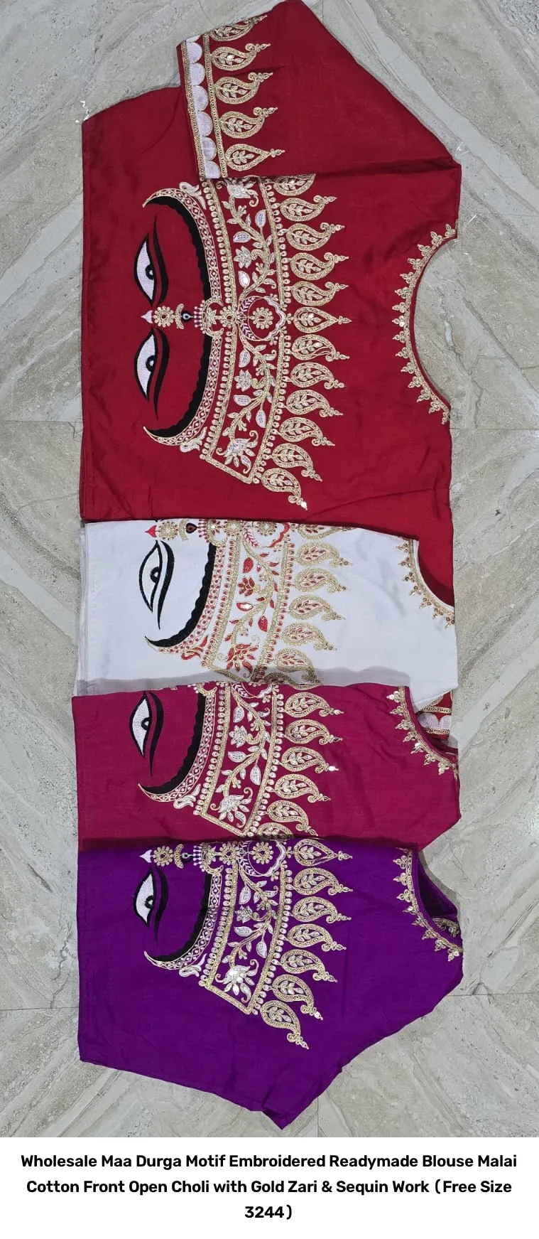 Wholesale Maa Durga Motif Embroidered Readymade Blouse – Malai Cotton Front Open Choli with Gold Zari & Sequin Work (Free Size 32–44) 2