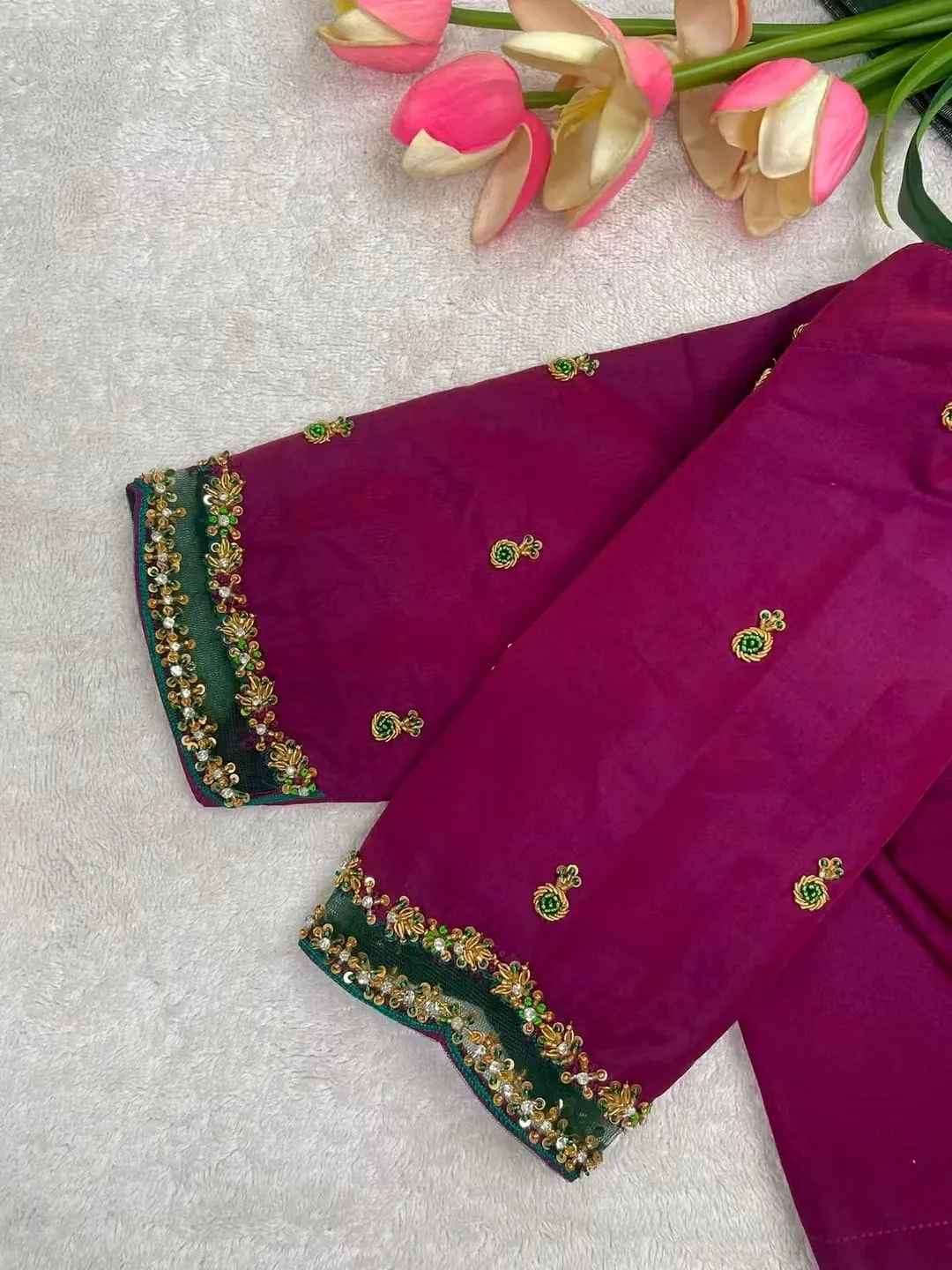 Wholesale Magenta & Green Designer Maggam Work Blouse | Bulk Hand-Embroidered Saree Blouses 1