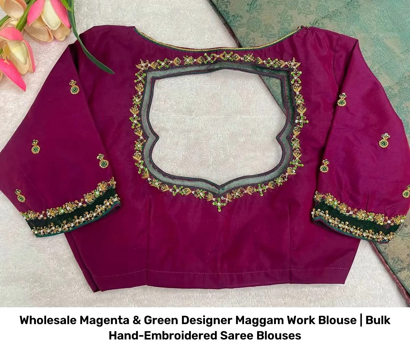 Wholesale Magenta & Green Designer Maggam Work Blouse | Bulk Hand-Embroidered Saree Blouses 2