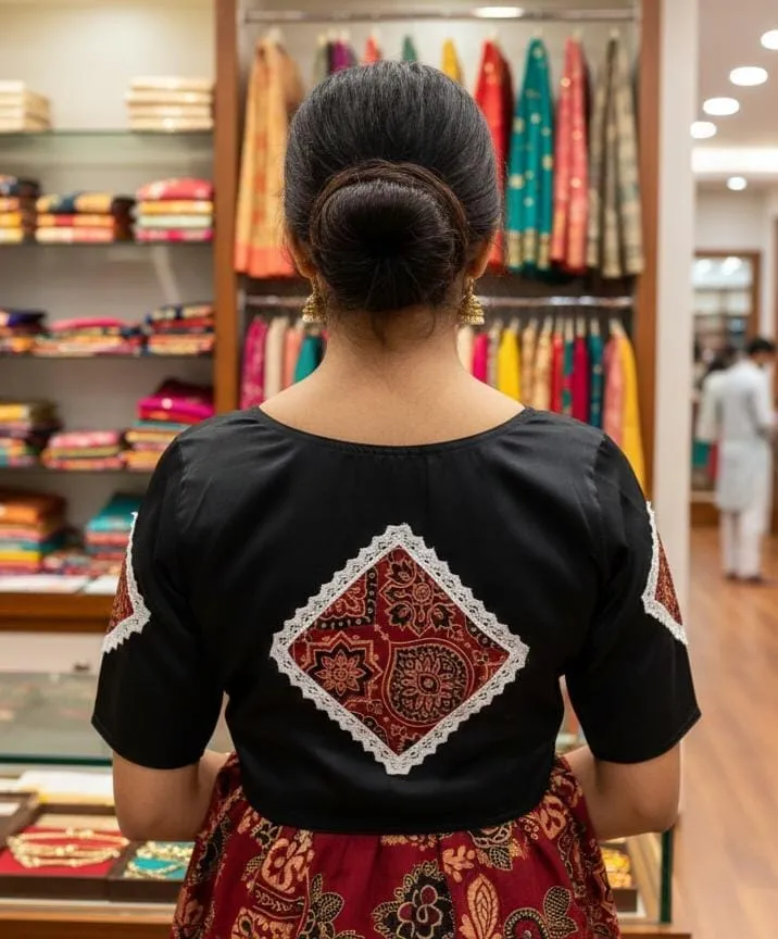 Wholesale Malai Cotton Ajrakh Patch Lace Work Designer Blouse | Front-Open Readymade Blouse with Lining & Interlock (Size 32-44)