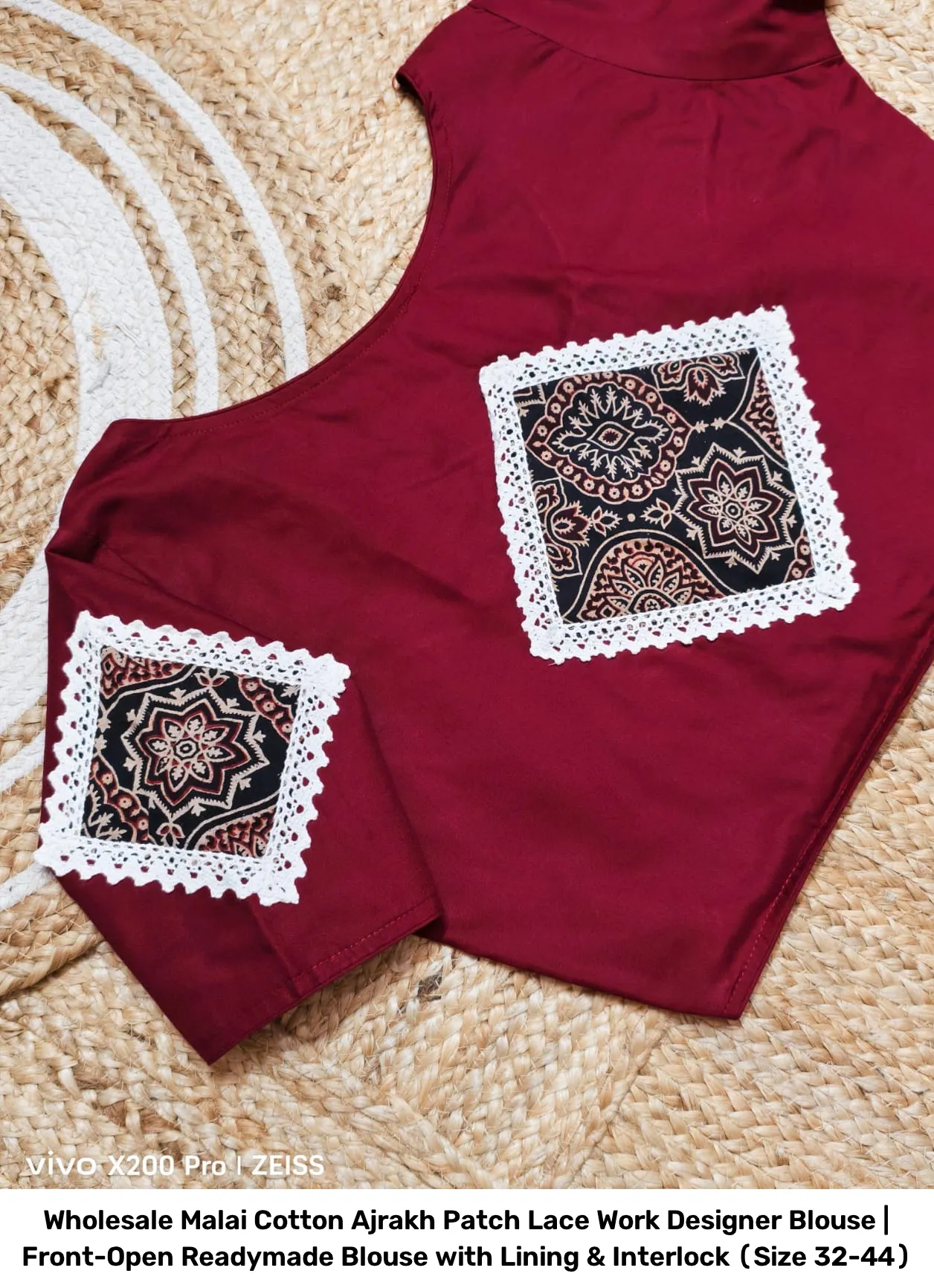 Wholesale Malai Cotton Ajrakh Patch Lace Work Designer Blouse | Front-Open Readymade Blouse with Lining & Interlock (Size 32-44) 2