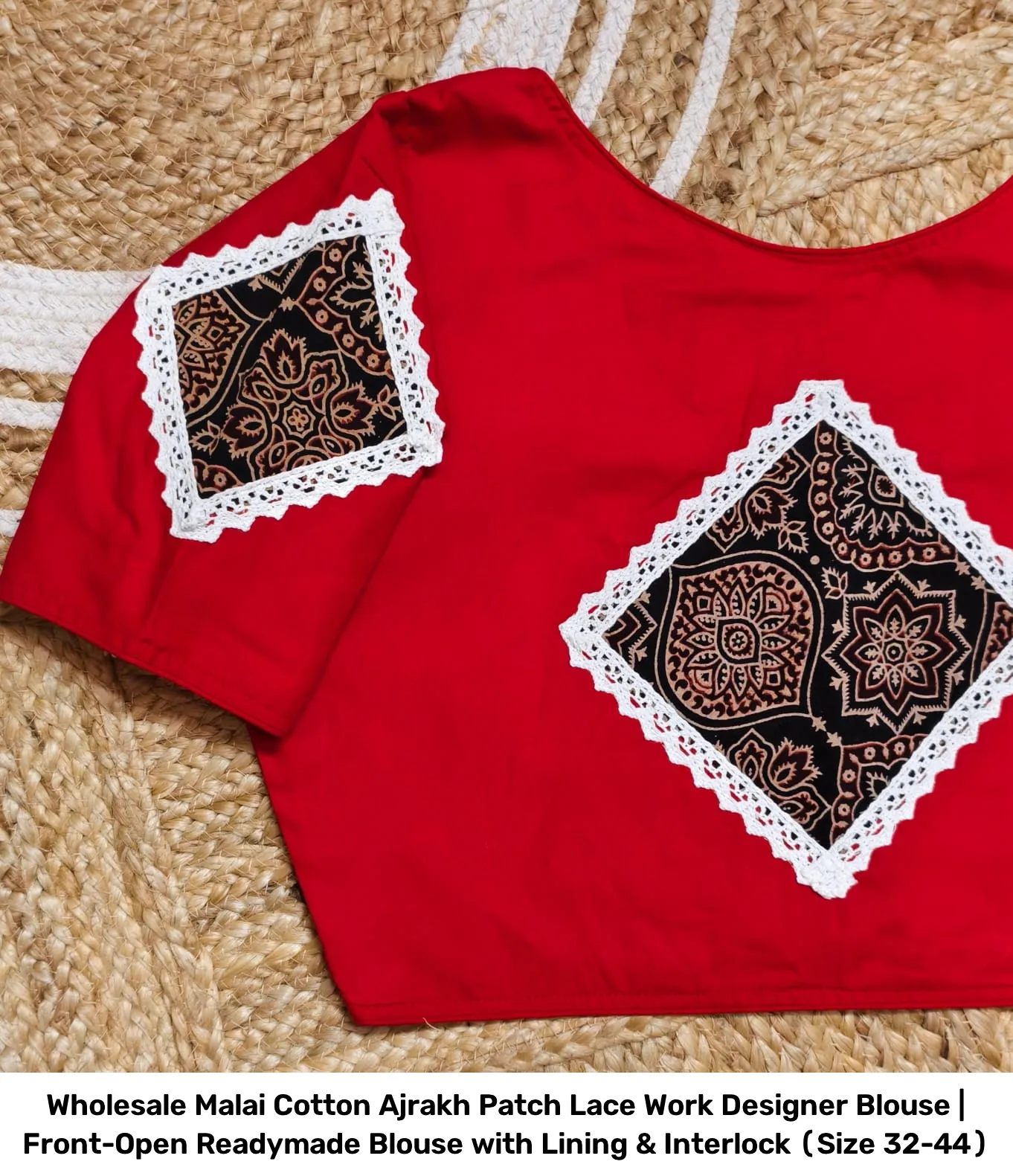 Wholesale Malai Cotton Ajrakh Patch Lace Work Designer Blouse | Front-Open Readymade Blouse with Lining & Interlock (Size 32-44) 3