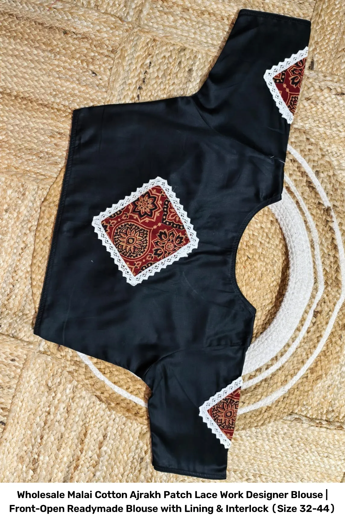 Wholesale Malai Cotton Ajrakh Patch Lace Work Designer Blouse | Front-Open Readymade Blouse with Lining & Interlock (Size 32-44) 4