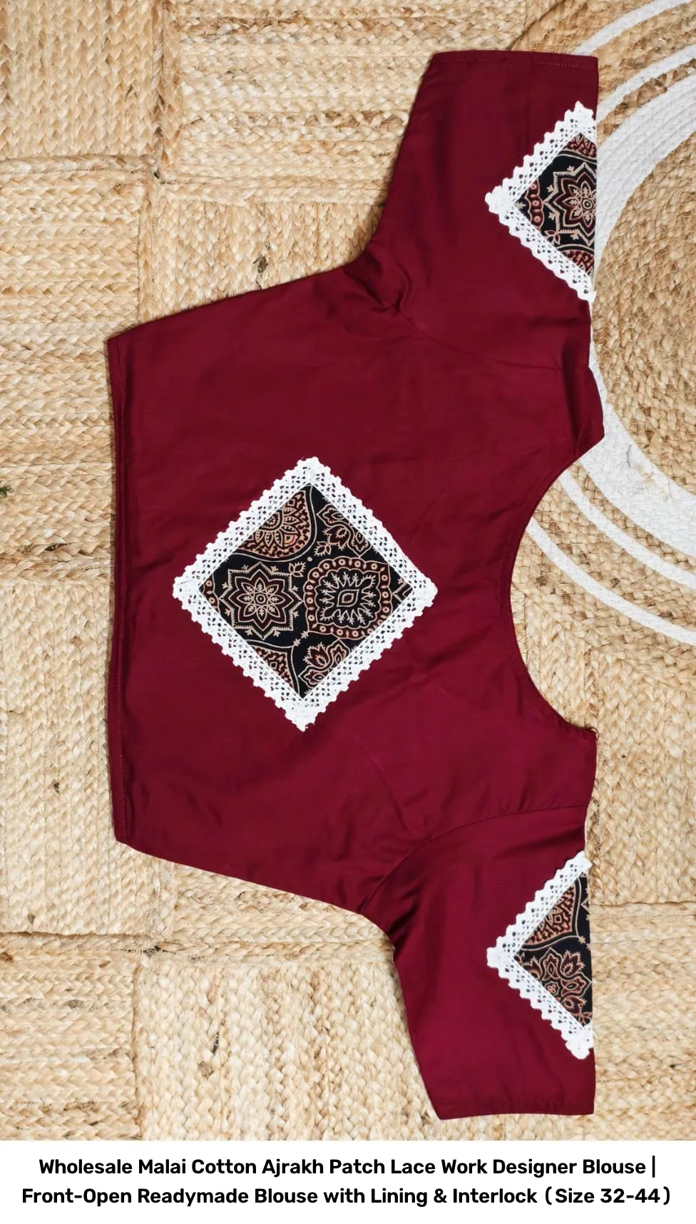 Wholesale Malai Cotton Ajrakh Patch Lace Work Designer Blouse | Front-Open Readymade Blouse with Lining & Interlock (Size 32-44) 6