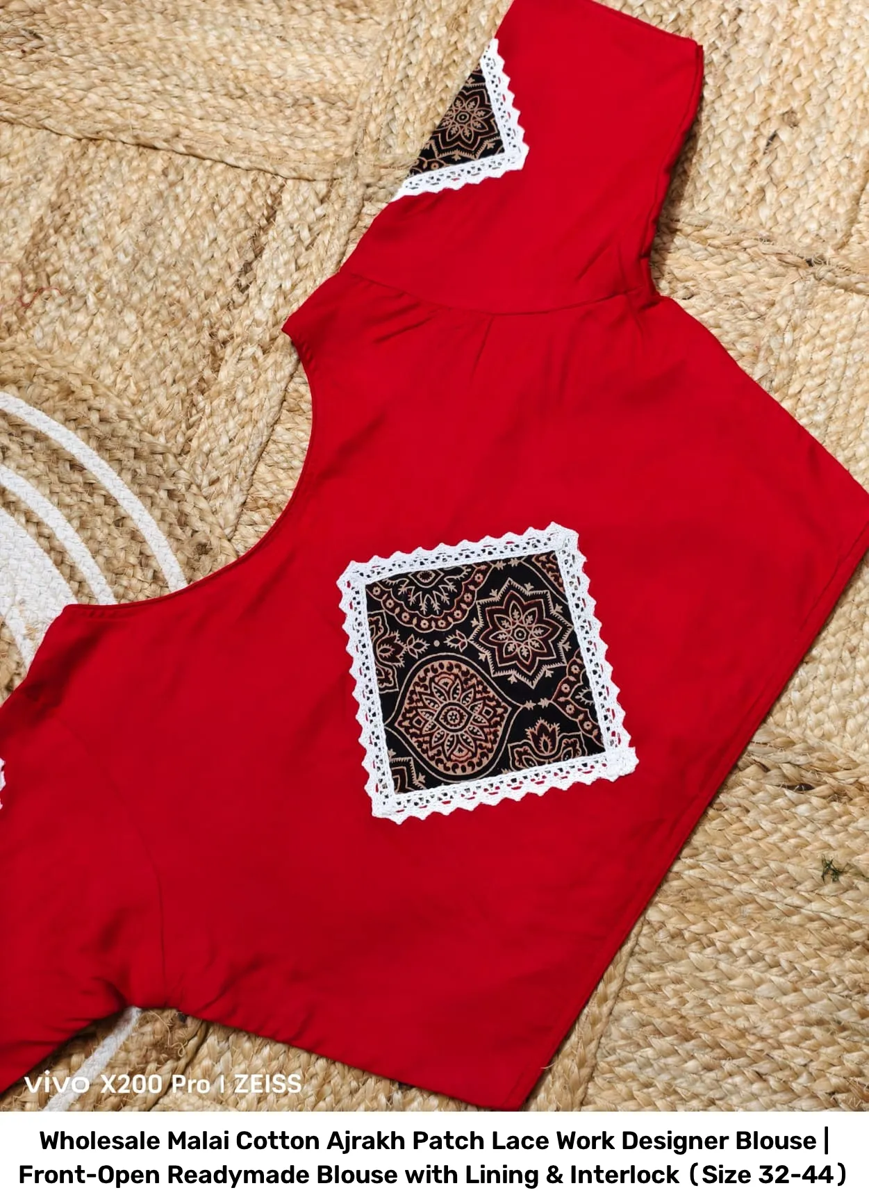 Wholesale Malai Cotton Ajrakh Patch Lace Work Designer Blouse | Front-Open Readymade Blouse with Lining & Interlock (Size 32-44) 7