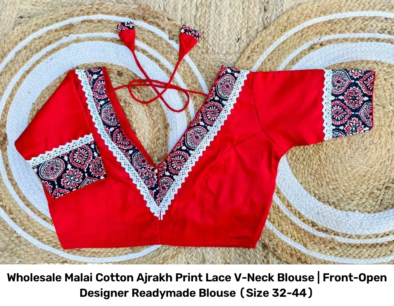Wholesale Malai Cotton Ajrakh Print Lace V-Neck Blouse | Front-Open Designer Readymade Blouse (Size 32-44) 2