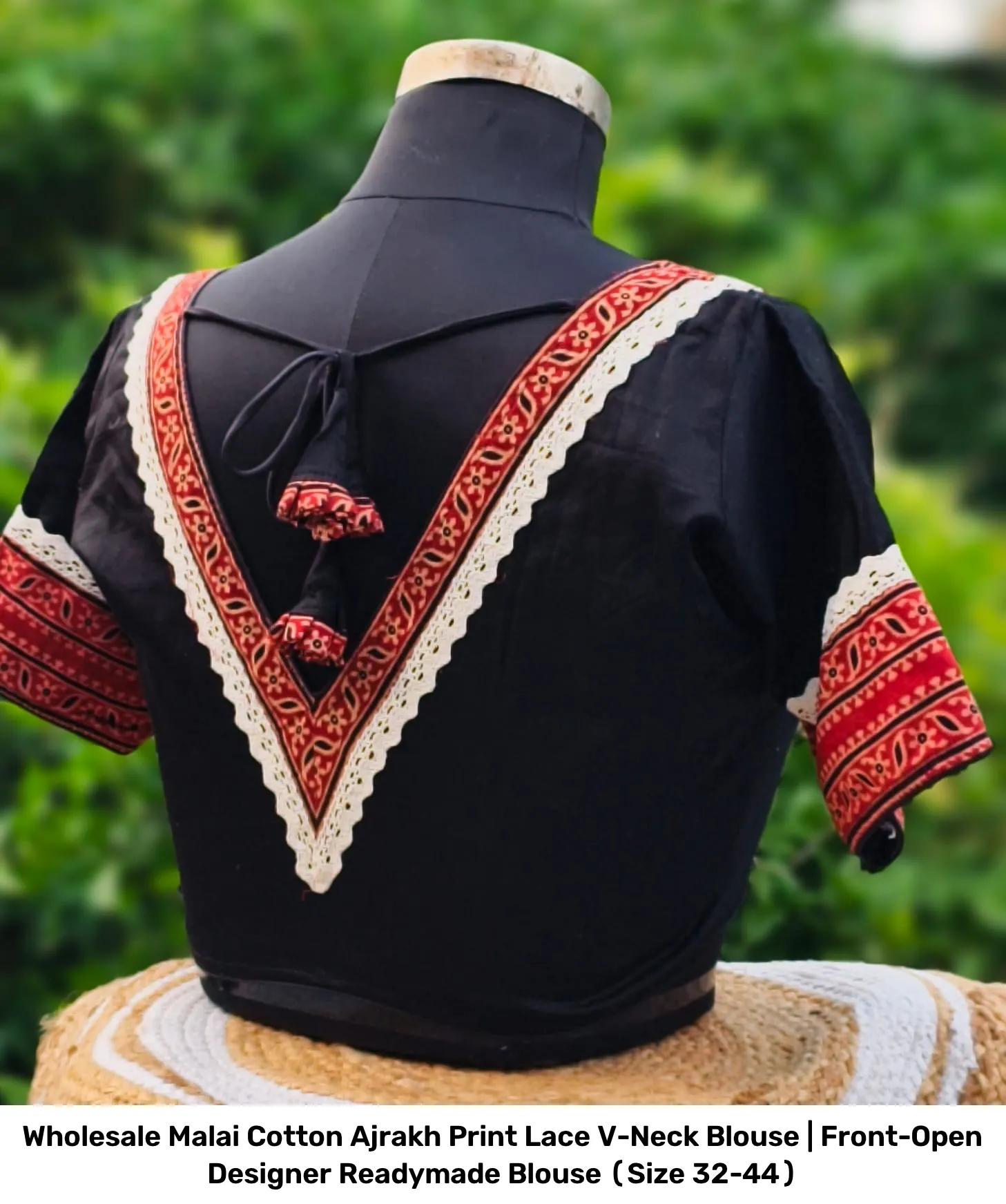 Wholesale Malai Cotton Ajrakh Print Lace V-Neck Blouse | Front-Open Designer Readymade Blouse (Size 32-44) 3