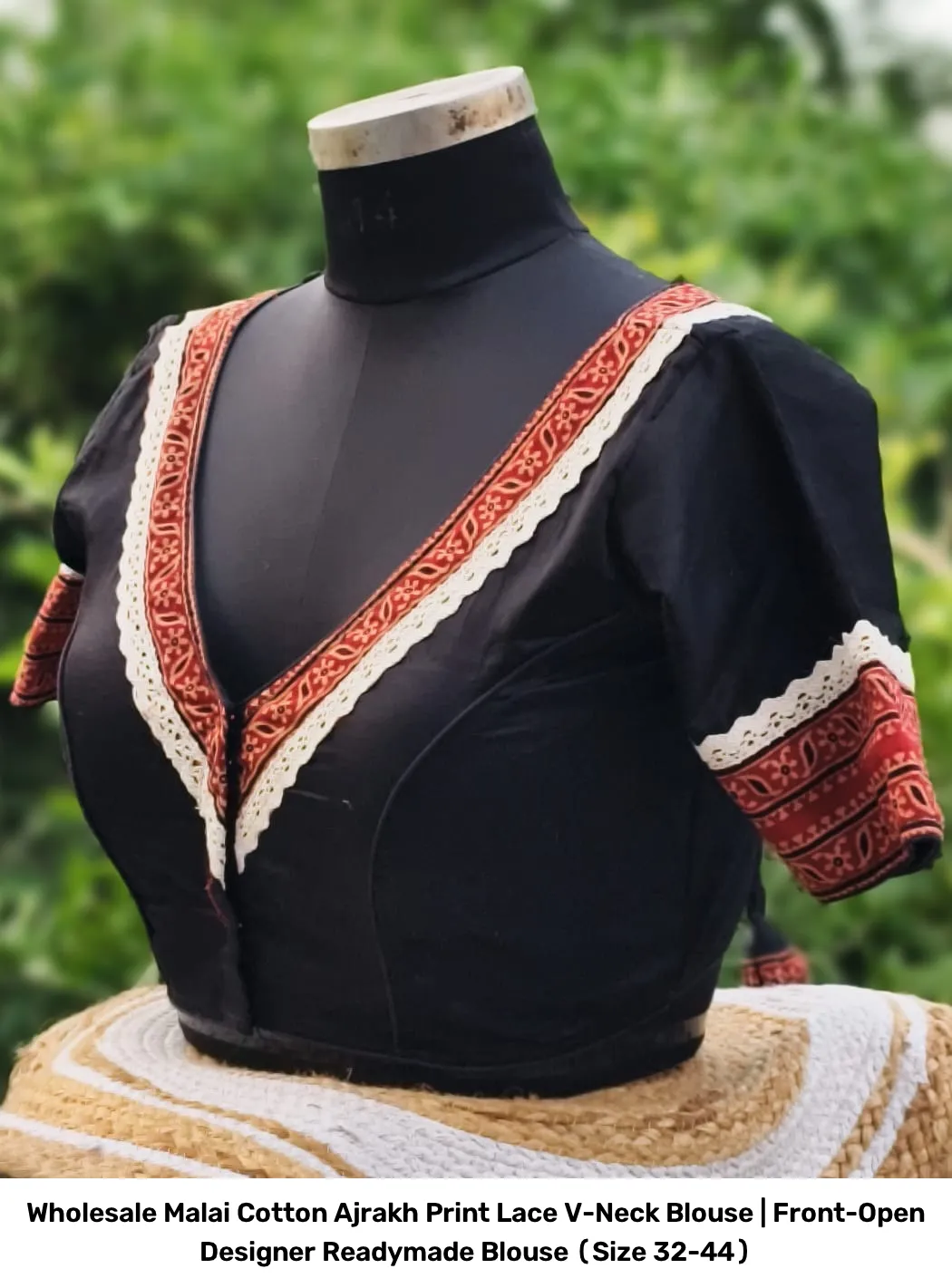 Wholesale Malai Cotton Ajrakh Print Lace V-Neck Blouse | Front-Open Designer Readymade Blouse (Size 32-44) 4