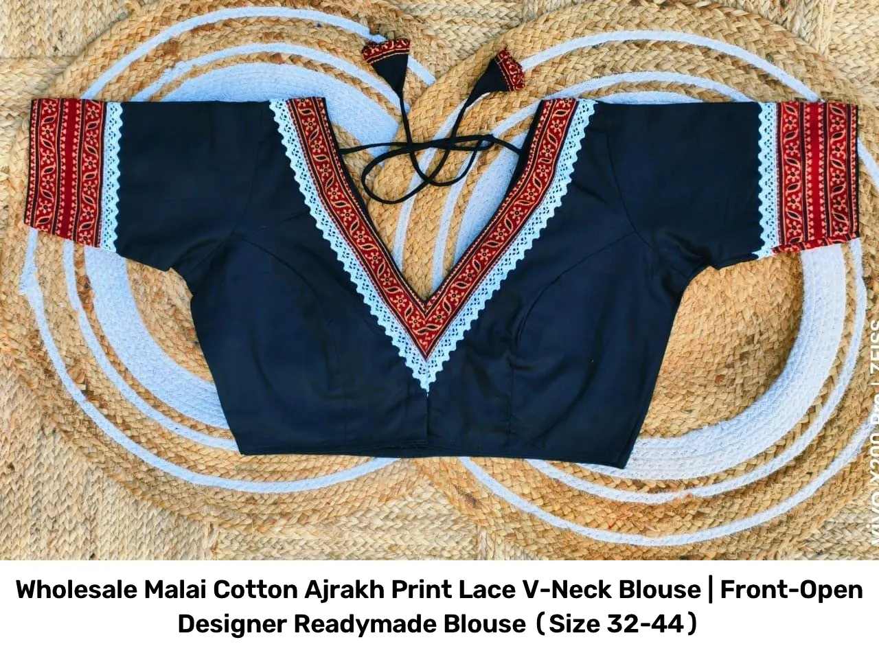 Wholesale Malai Cotton Ajrakh Print Lace V-Neck Blouse | Front-Open Designer Readymade Blouse (Size 32-44) 5