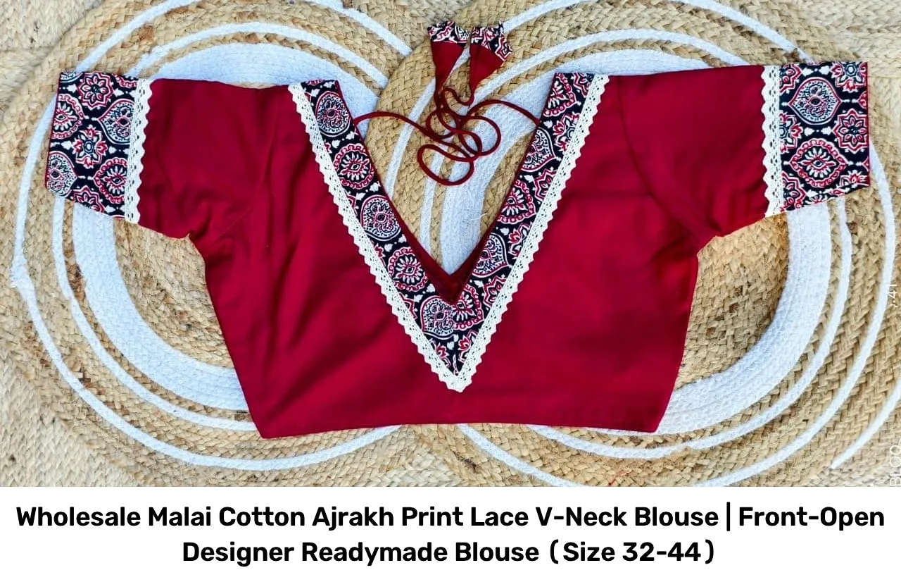 Wholesale Malai Cotton Ajrakh Print Lace V-Neck Blouse | Front-Open Designer Readymade Blouse (Size 32-44) 6