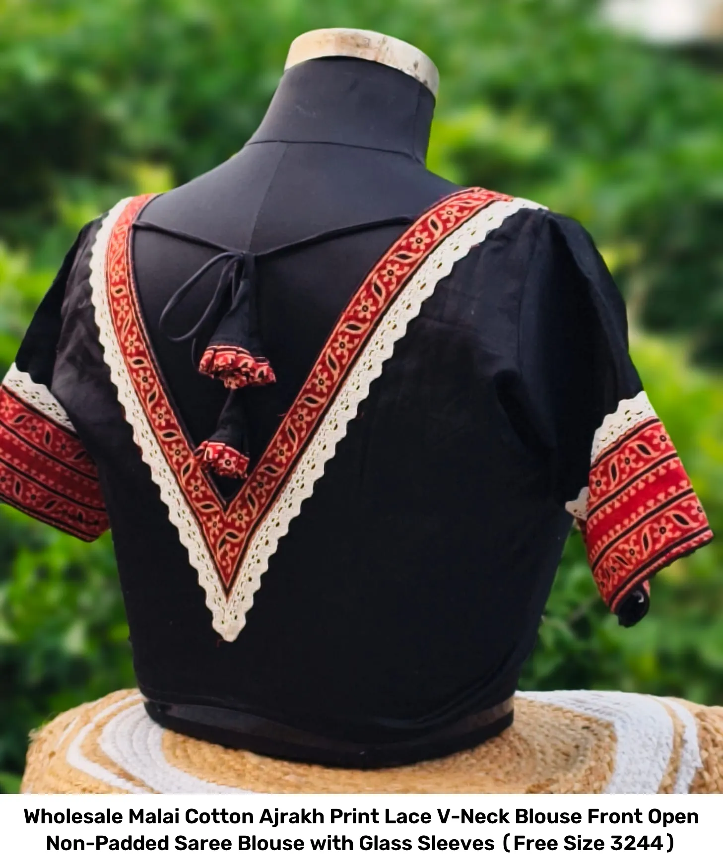Wholesale Malai Cotton Ajrakh Print Lace V-Neck Blouse – Front Open Non-Padded Saree Blouse with Glass Sleeves (Free Size 32–44) 2