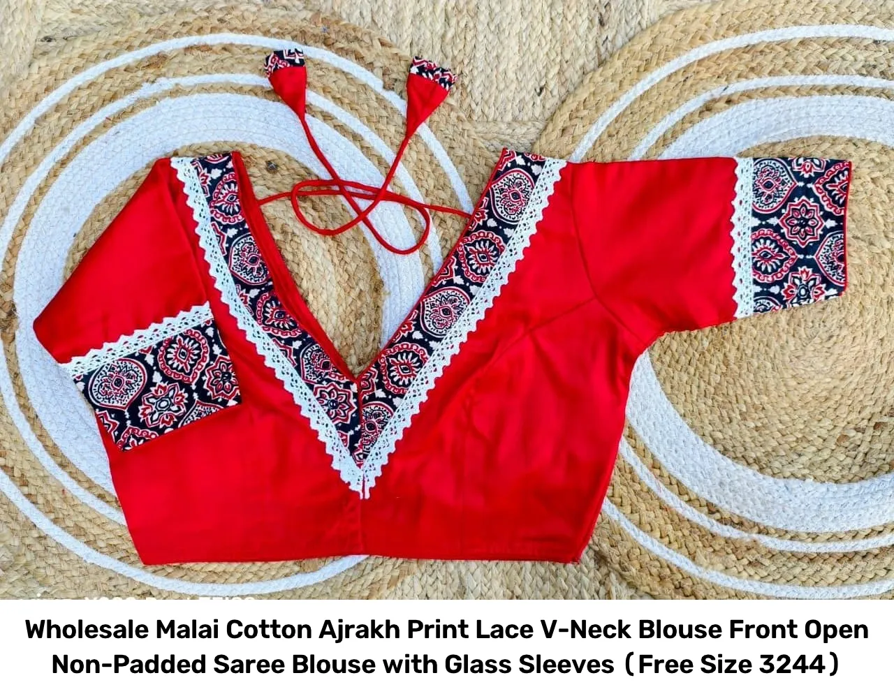 Wholesale Malai Cotton Ajrakh Print Lace V-Neck Blouse – Front Open Non-Padded Saree Blouse with Glass Sleeves (Free Size 32–44) 3