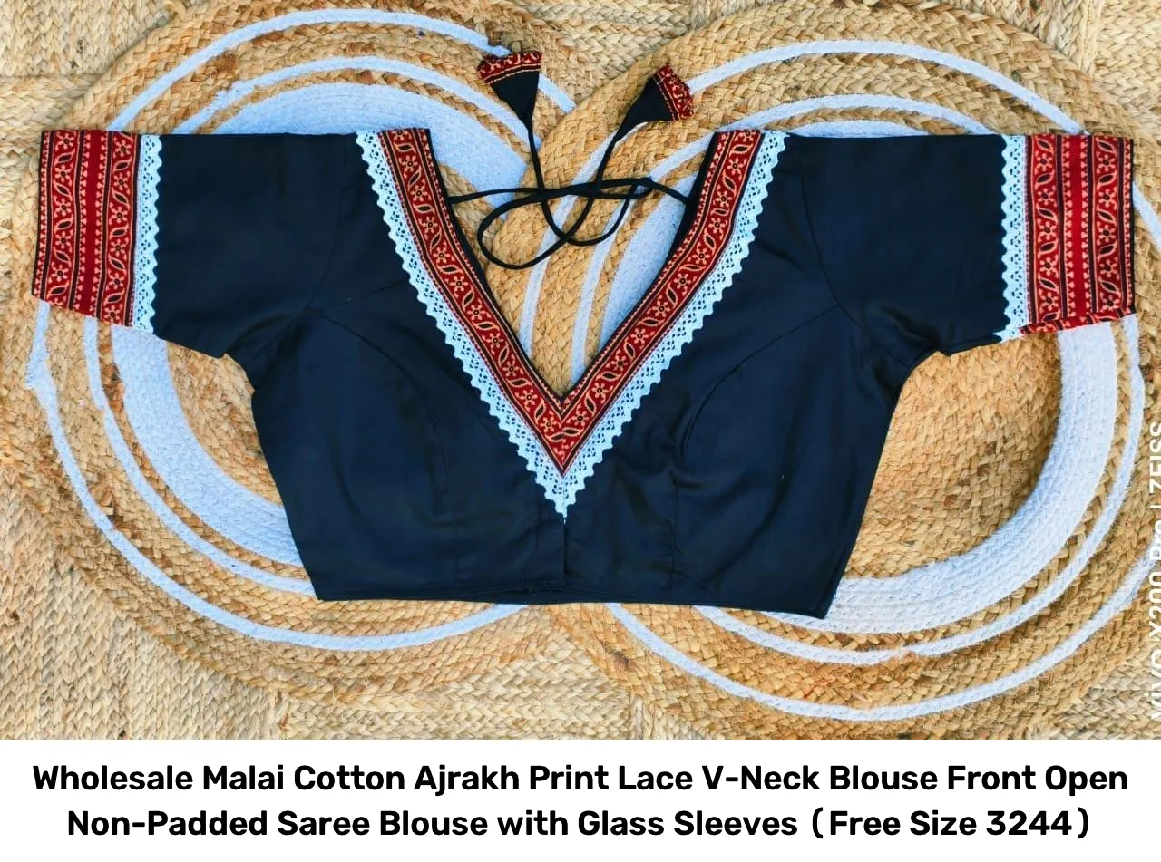 Wholesale Malai Cotton Ajrakh Print Lace V-Neck Blouse – Front Open Non-Padded Saree Blouse with Glass Sleeves (Free Size 32–44) 5