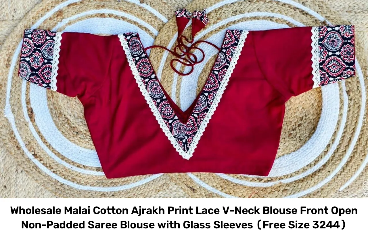 Wholesale Malai Cotton Ajrakh Print Lace V-Neck Blouse – Front Open Non-Padded Saree Blouse with Glass Sleeves (Free Size 32–44) 6