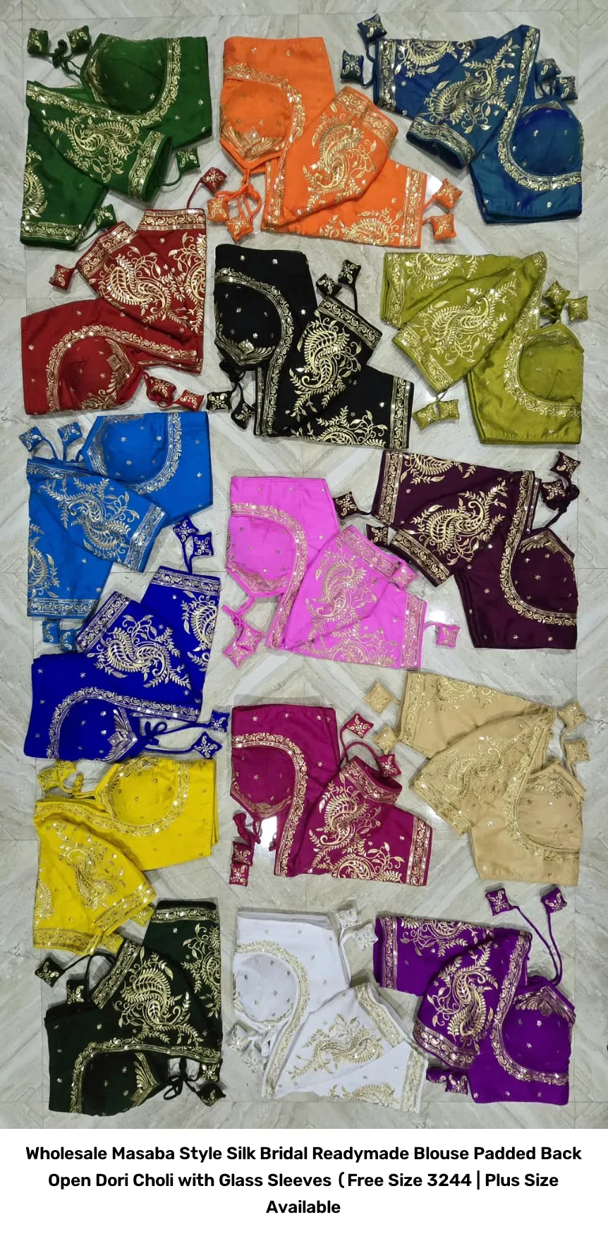 Wholesale Masaba Style Silk Bridal Readymade Blouse – Padded Back Open Dori Choli with Glass Sleeves (Free Size 32–44 | Plus Size Available 4