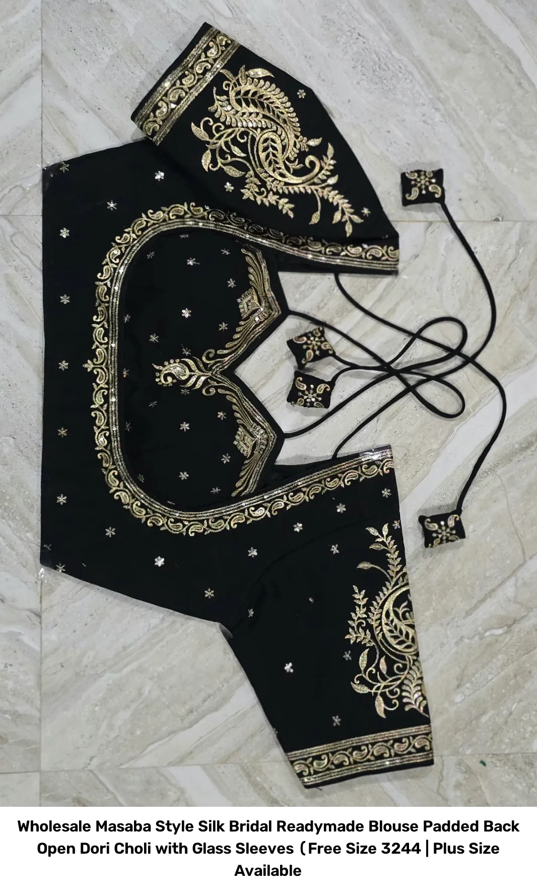 Wholesale Masaba Style Silk Bridal Readymade Blouse – Padded Back Open Dori Choli with Glass Sleeves (Free Size 32–44 | Plus Size Available 5