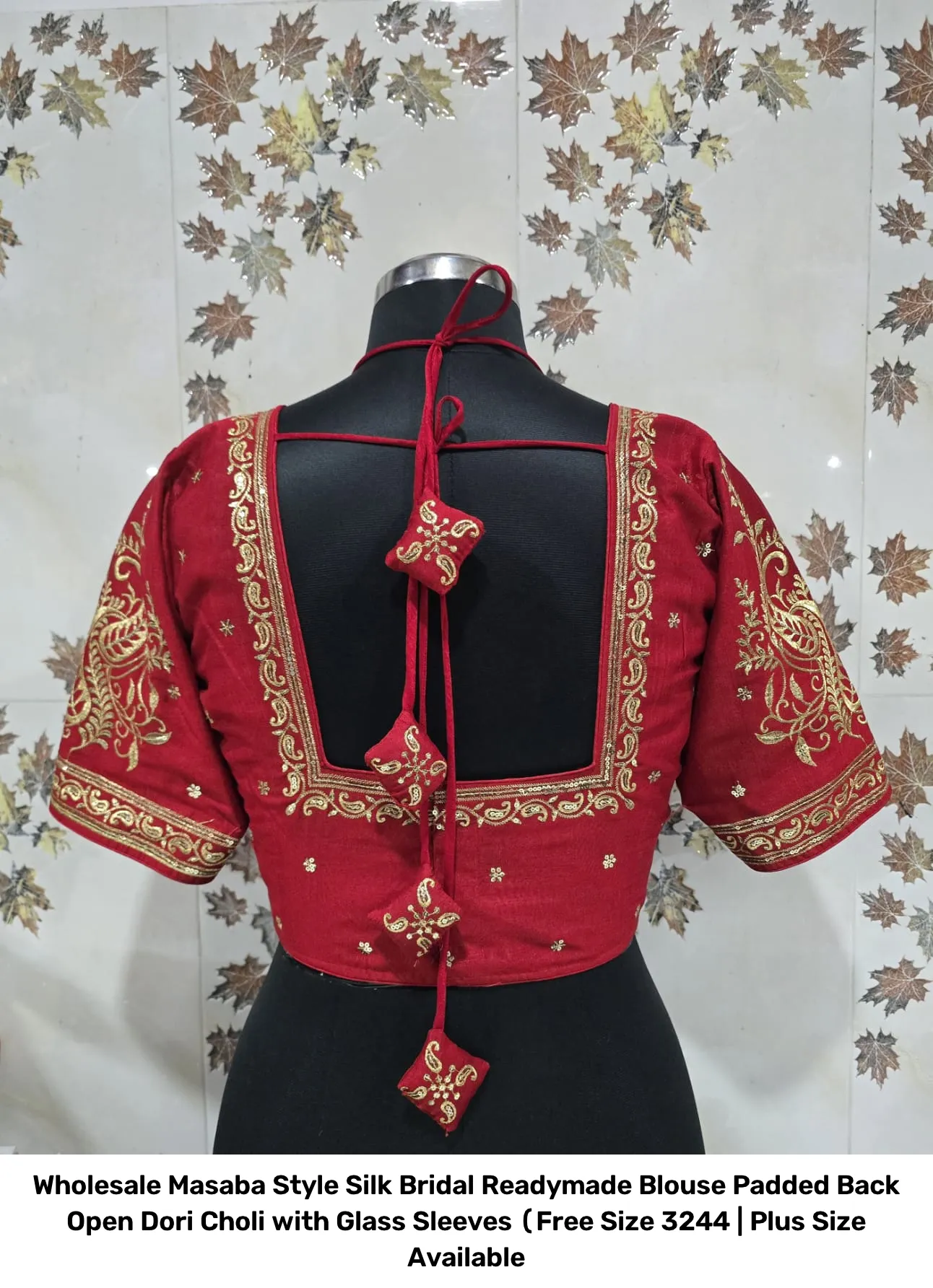 Wholesale Masaba Style Silk Bridal Readymade Blouse – Padded Back Open Dori Choli with Glass Sleeves (Free Size 32–44 | Plus Size Available 6