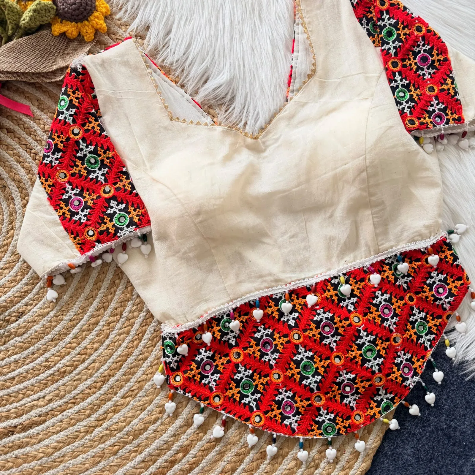 Wholesale Navratri Special Mirror Work Khadi Cotton Blouse | Padded Readymade Choli (38 to 42)