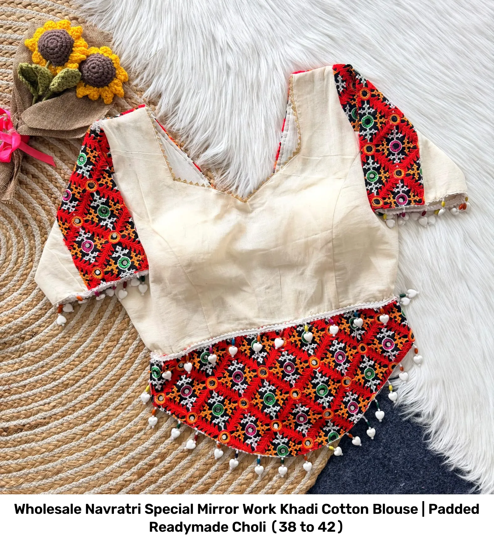 Wholesale Navratri Special Mirror Work Khadi Cotton Blouse | Padded Readymade Choli (38 to 42) 2
