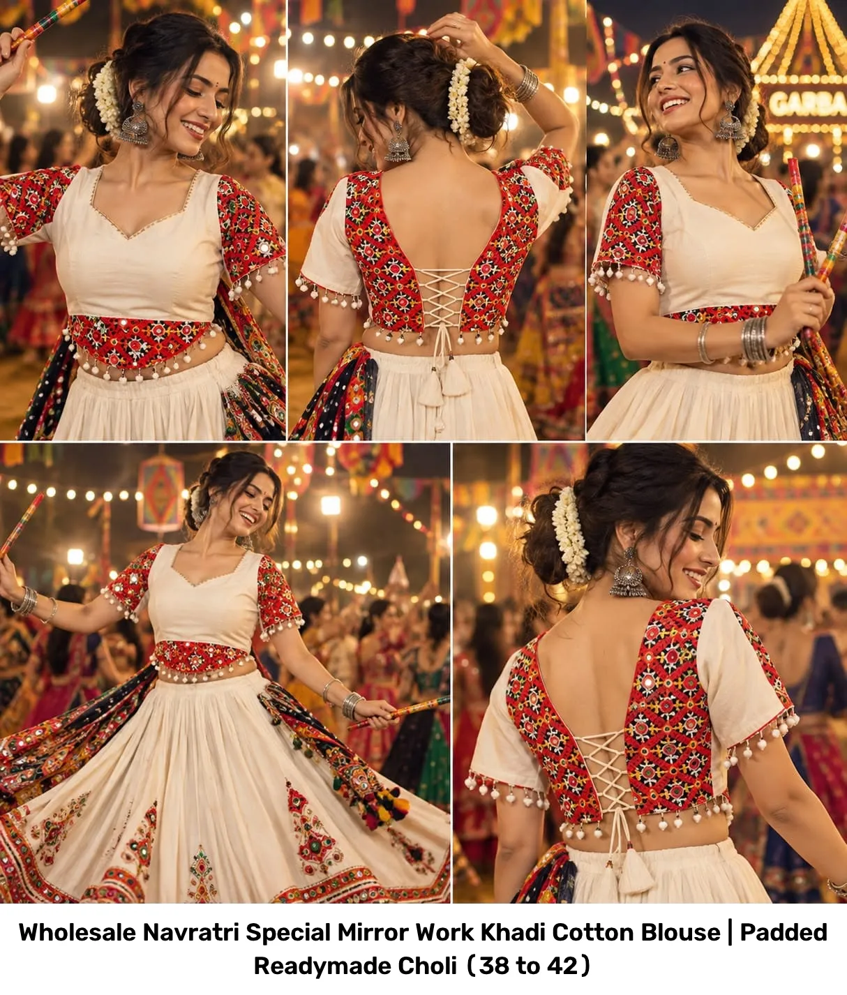 Wholesale Navratri Special Mirror Work Khadi Cotton Blouse | Padded Readymade Choli (38 to 42) 4