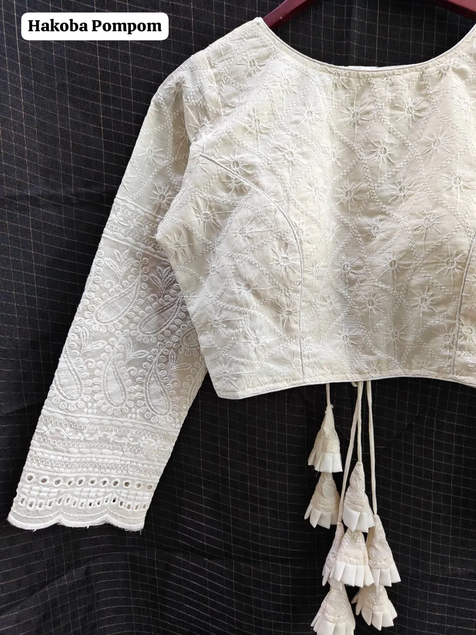 Wholesale Off-White Hakoba Cotton Long Sleeve Blouse | Bulk Designer Padded Saree Blouses