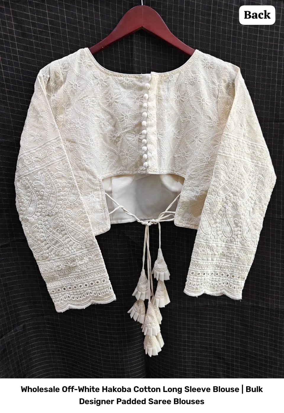 Wholesale Off-White Hakoba Cotton Long Sleeve Blouse | Bulk Designer Padded Saree Blouses 2