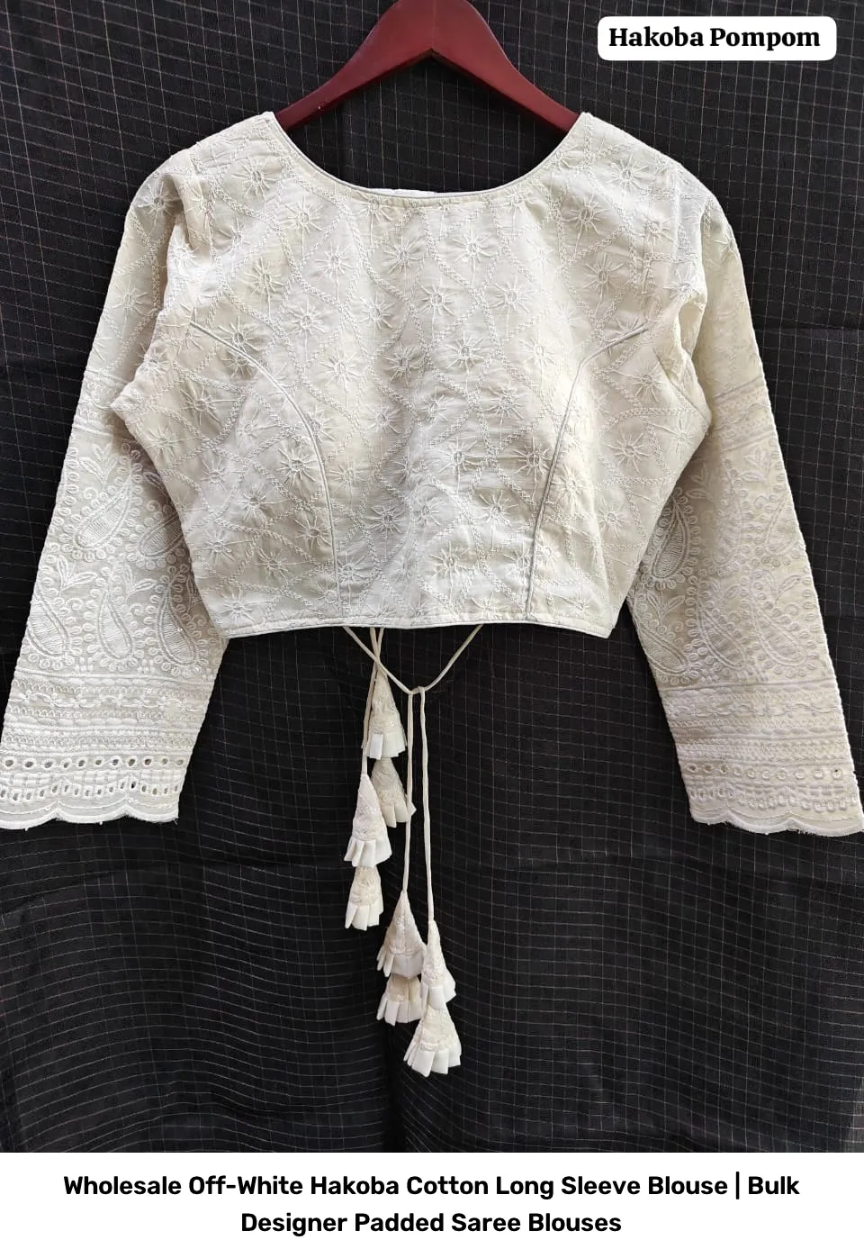 Wholesale Off-White Hakoba Cotton Long Sleeve Blouse | Bulk Designer Padded Saree Blouses 3