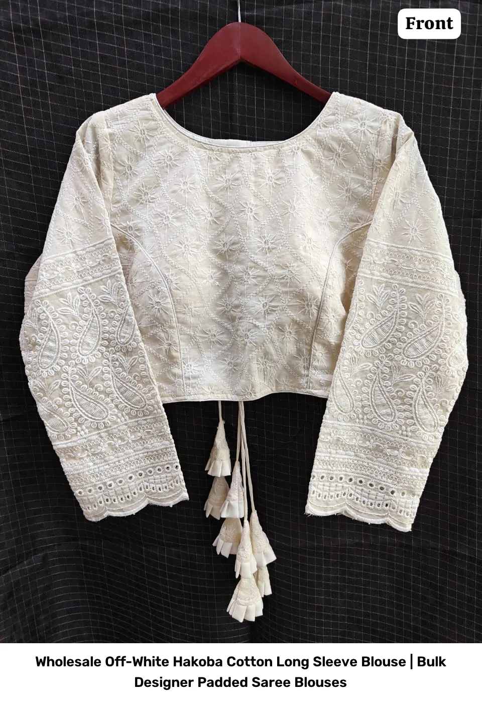 Wholesale Off-White Hakoba Cotton Long Sleeve Blouse | Bulk Designer Padded Saree Blouses 4