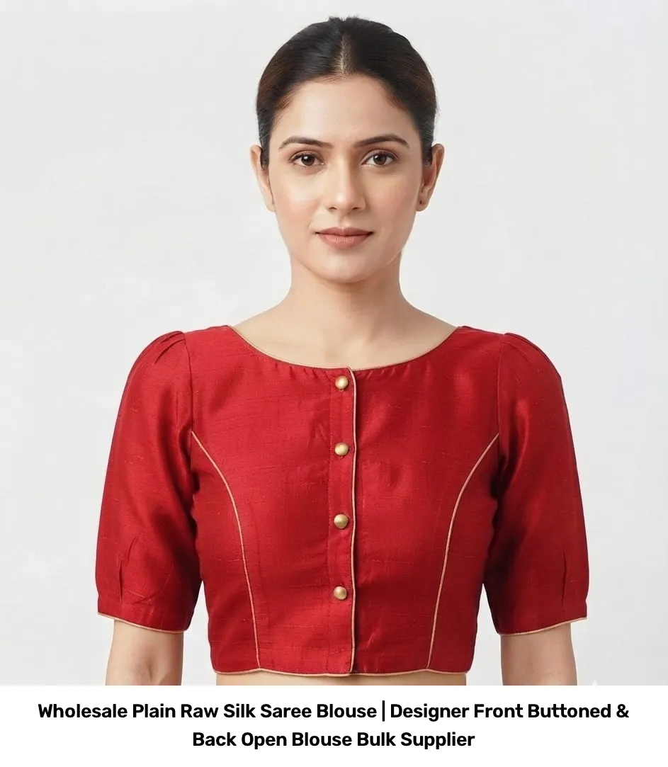Wholesale Plain Raw Silk Saree Blouse | Designer Front Buttoned & Back Open Blouse Bulk Supplier 4