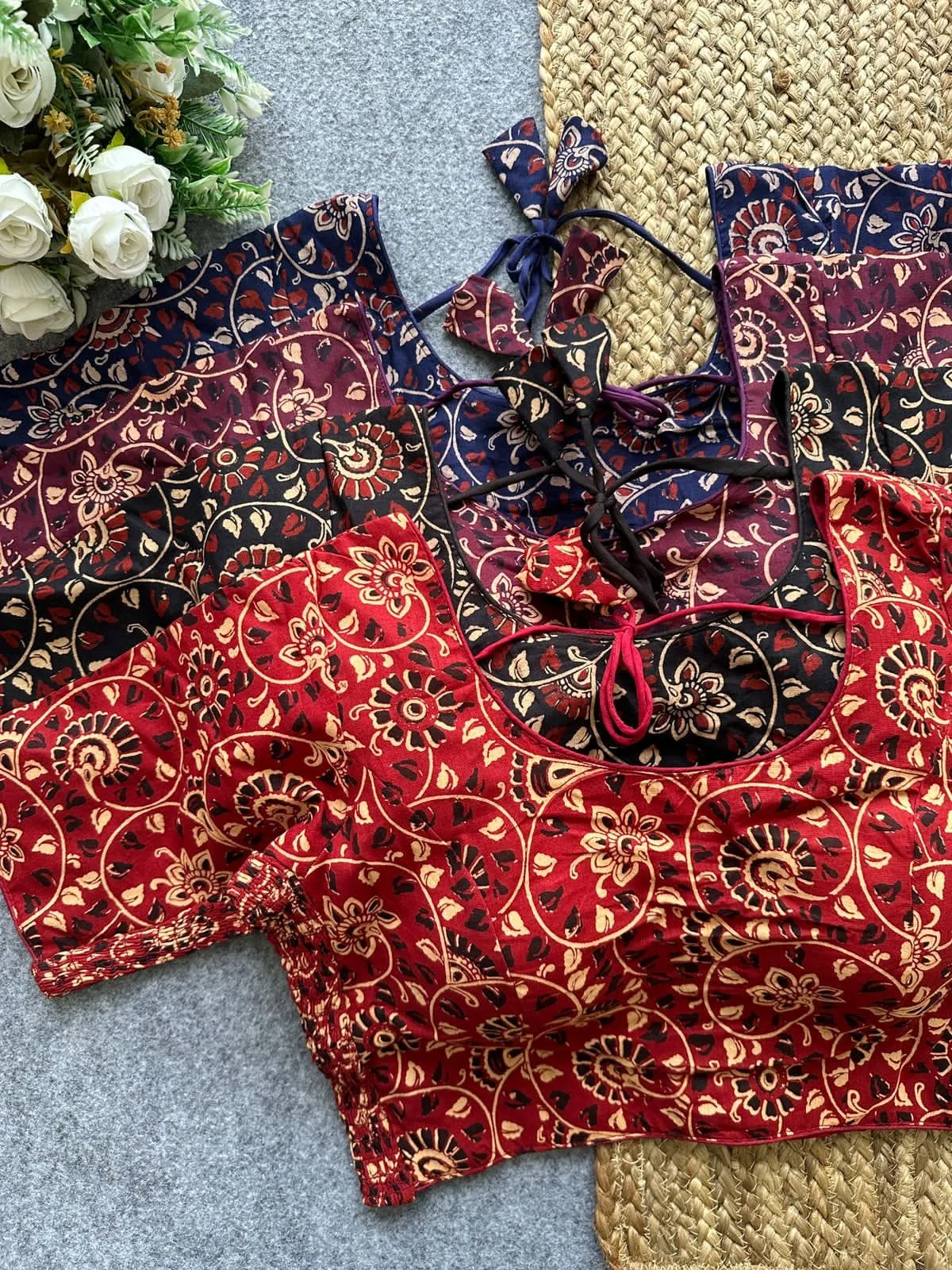 Wholesale Pure Ajrakh Cotton Block Print Elastic Blouse | Hand Block Printed Designer Padded Readymade Blouse (Size 38-42) 1