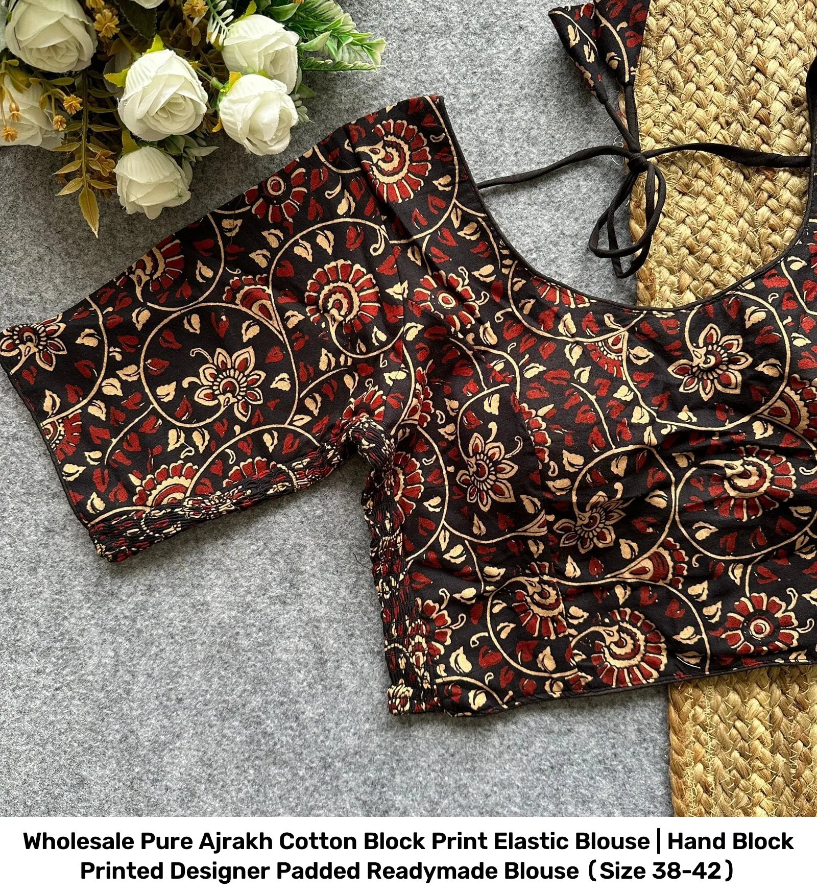 Wholesale Pure Ajrakh Cotton Block Print Elastic Blouse | Hand Block Printed Designer Padded Readymade Blouse (Size 38-42) 2