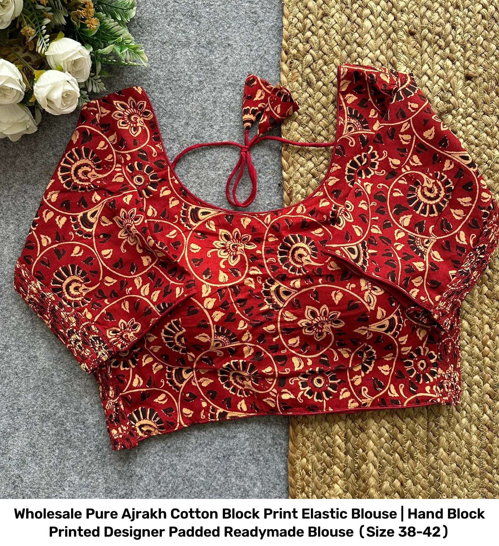 Wholesale Pure Ajrakh Cotton Block Print Elastic Blouse | Hand Block Printed Designer Padded Readymade Blouse (Size 38-42) 3