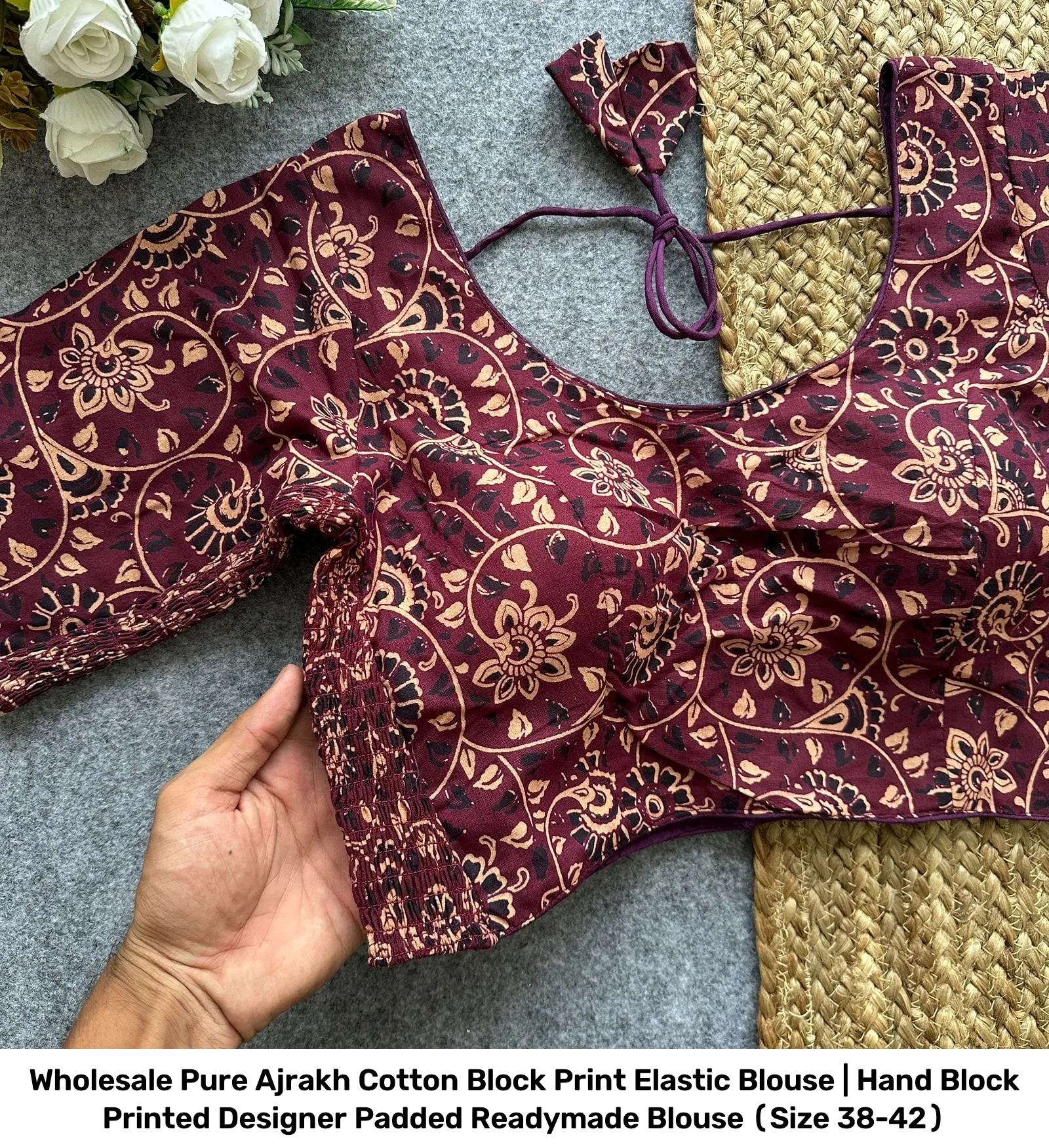 Wholesale Pure Ajrakh Cotton Block Print Elastic Blouse | Hand Block Printed Designer Padded Readymade Blouse (Size 38-42) 4