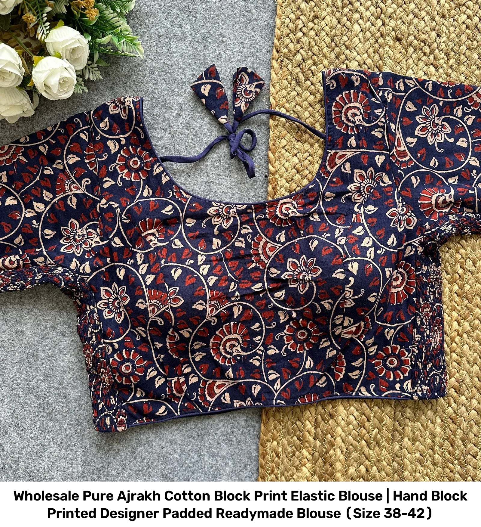 Wholesale Pure Ajrakh Cotton Block Print Elastic Blouse | Hand Block Printed Designer Padded Readymade Blouse (Size 38-42) 5