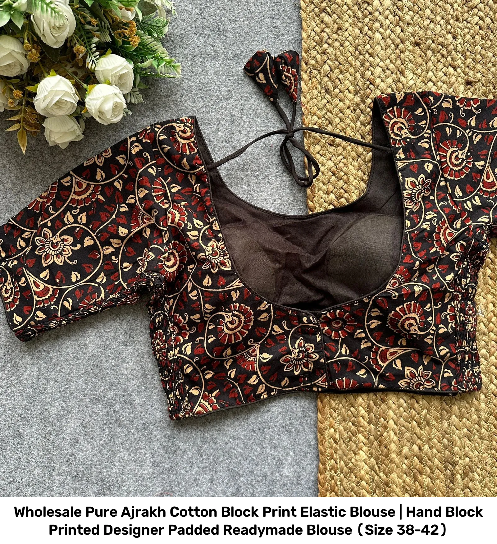 Wholesale Pure Ajrakh Cotton Block Print Elastic Blouse | Hand Block Printed Designer Padded Readymade Blouse (Size 38-42) 6