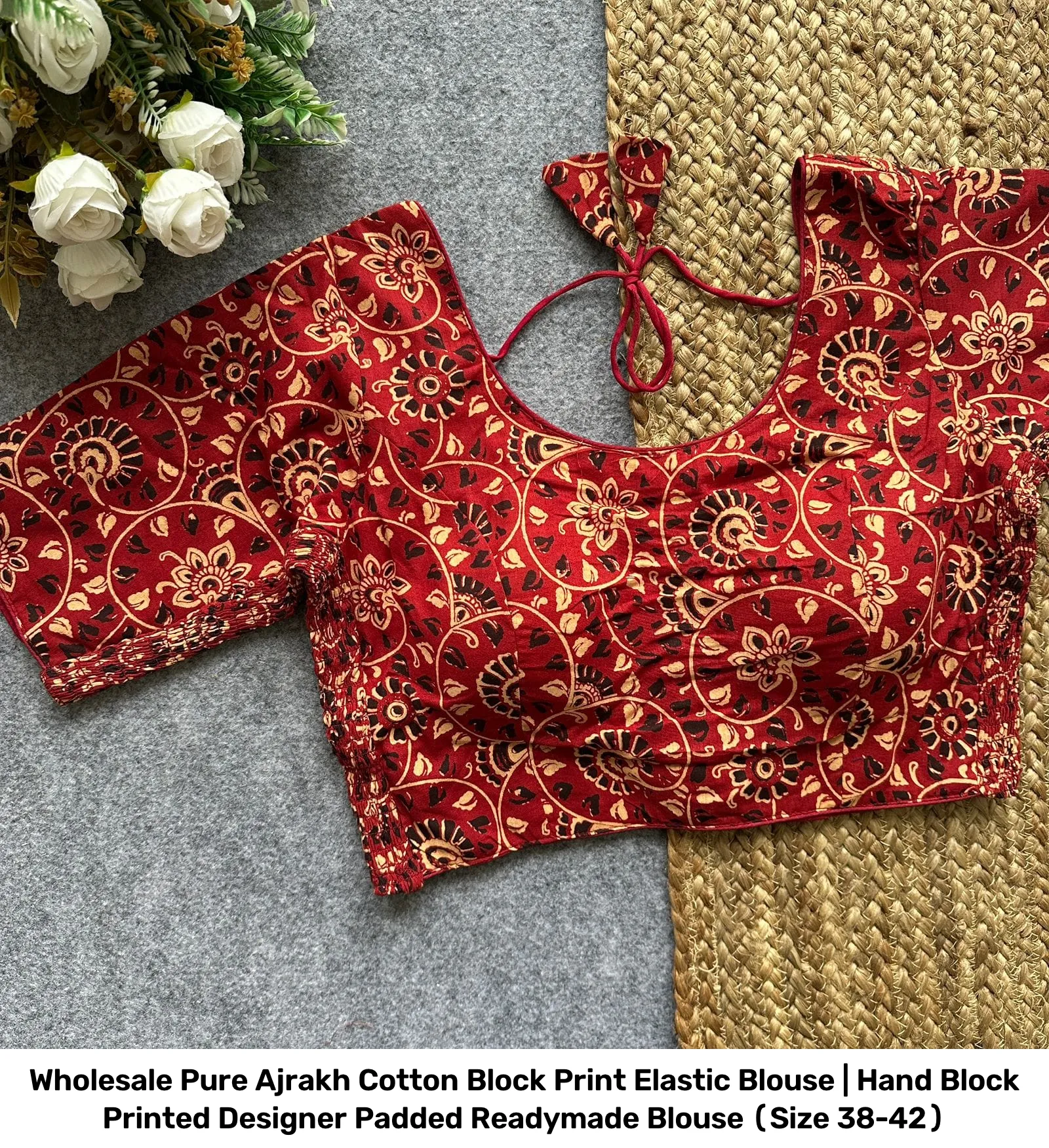 Wholesale Pure Ajrakh Cotton Block Print Elastic Blouse | Hand Block Printed Designer Padded Readymade Blouse (Size 38-42) 7