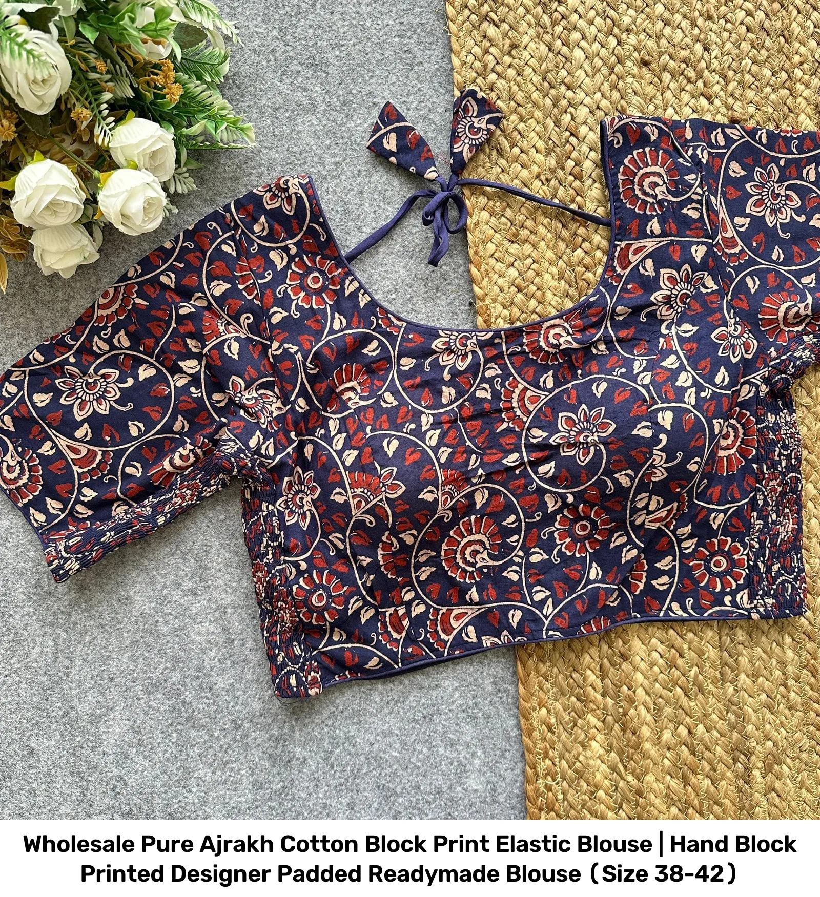 Wholesale Pure Ajrakh Cotton Block Print Elastic Blouse | Hand Block Printed Designer Padded Readymade Blouse (Size 38-42) 8