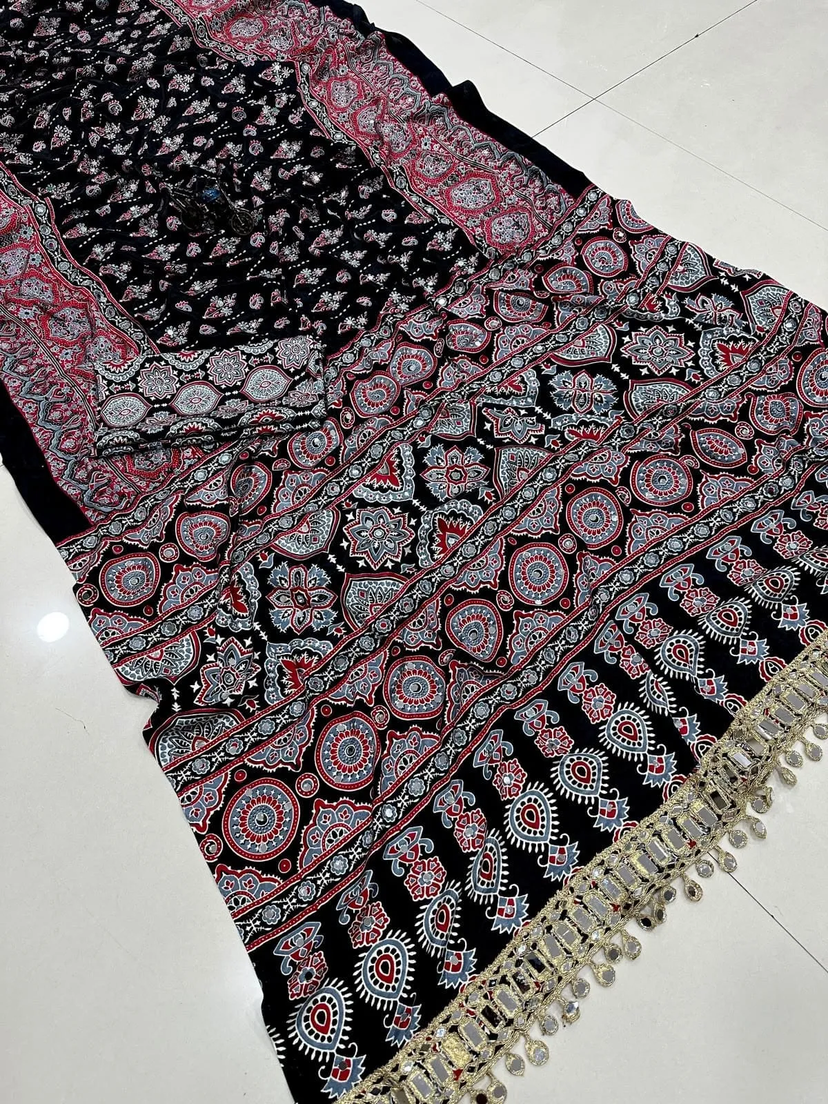 Wholesale Pure Ajrakh Satin Viscose Silk Saree – Original Mirror Work with Heavy OG Mirror Lace Pallu & Designer Blouse (Ready Stock)