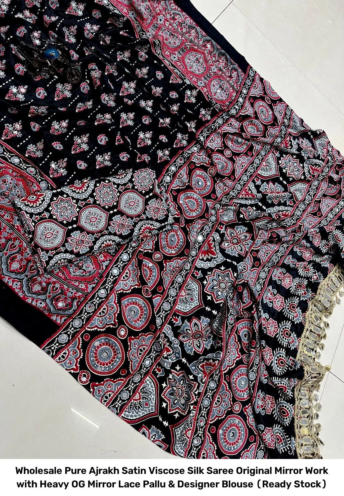 Wholesale Pure Ajrakh Satin Viscose Silk Saree – Original Mirror Work with Heavy OG Mirror Lace Pallu & Designer Blouse (Ready Stock) 10