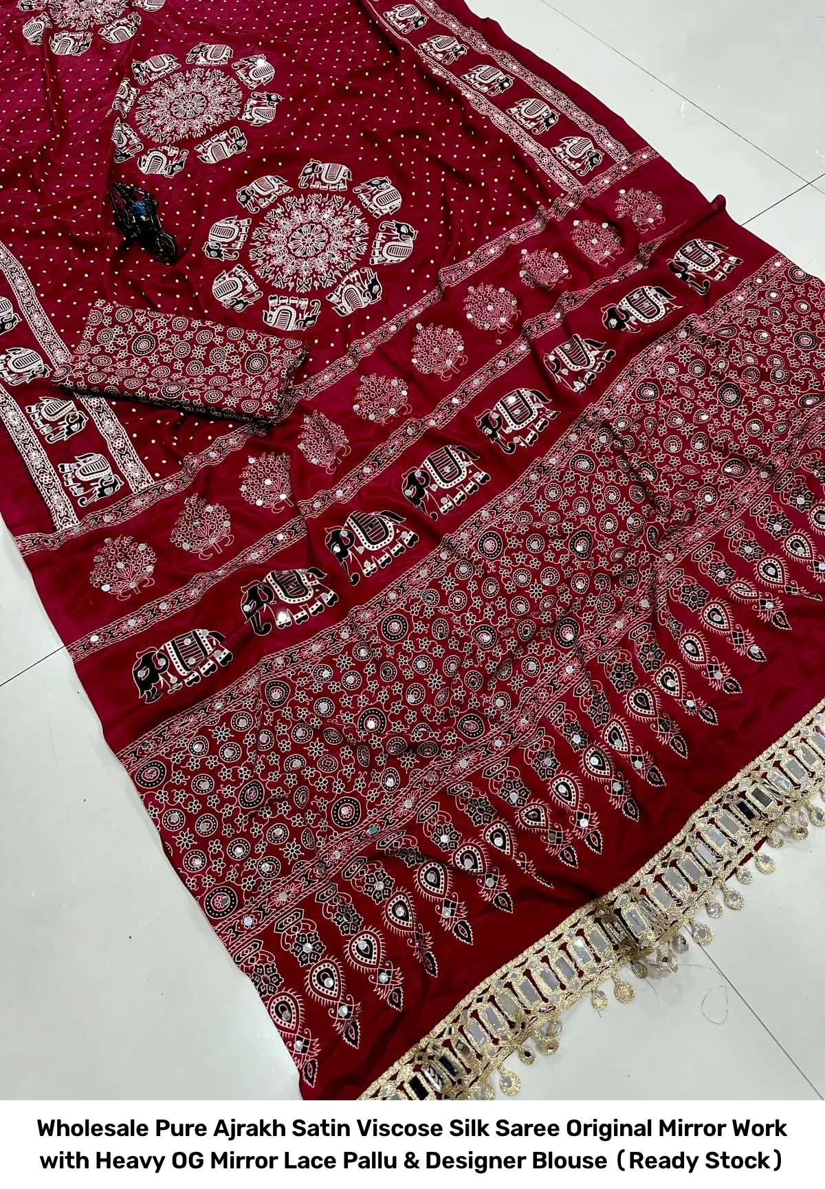 Wholesale Pure Ajrakh Satin Viscose Silk Saree – Original Mirror Work with Heavy OG Mirror Lace Pallu & Designer Blouse (Ready Stock) 12