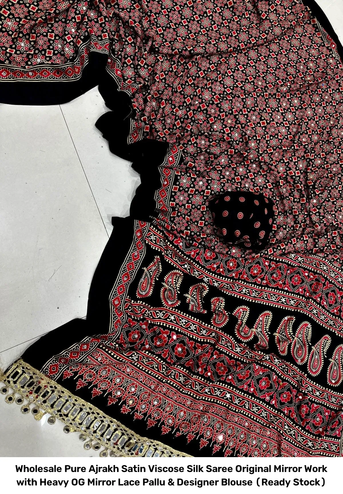 Wholesale Pure Ajrakh Satin Viscose Silk Saree – Original Mirror Work with Heavy OG Mirror Lace Pallu & Designer Blouse (Ready Stock) 2