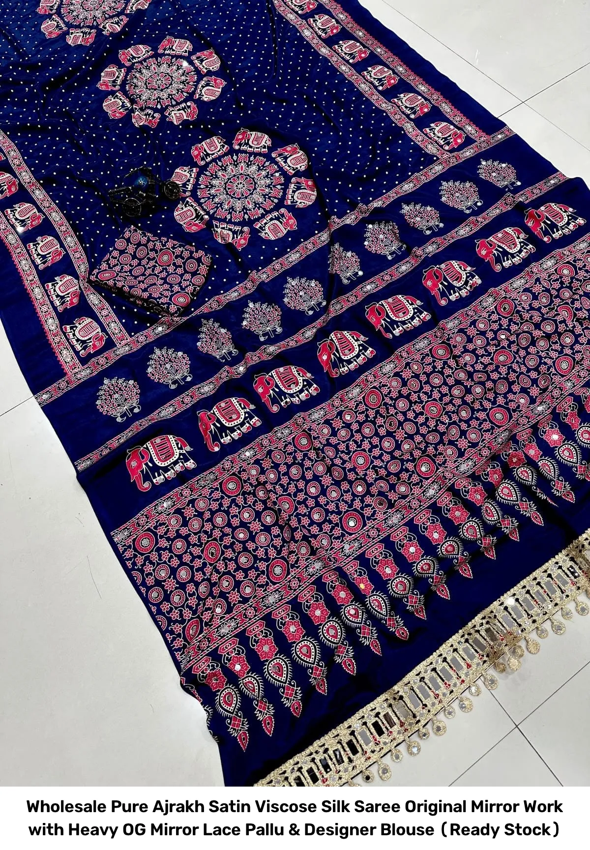 Wholesale Pure Ajrakh Satin Viscose Silk Saree – Original Mirror Work with Heavy OG Mirror Lace Pallu & Designer Blouse (Ready Stock) 3