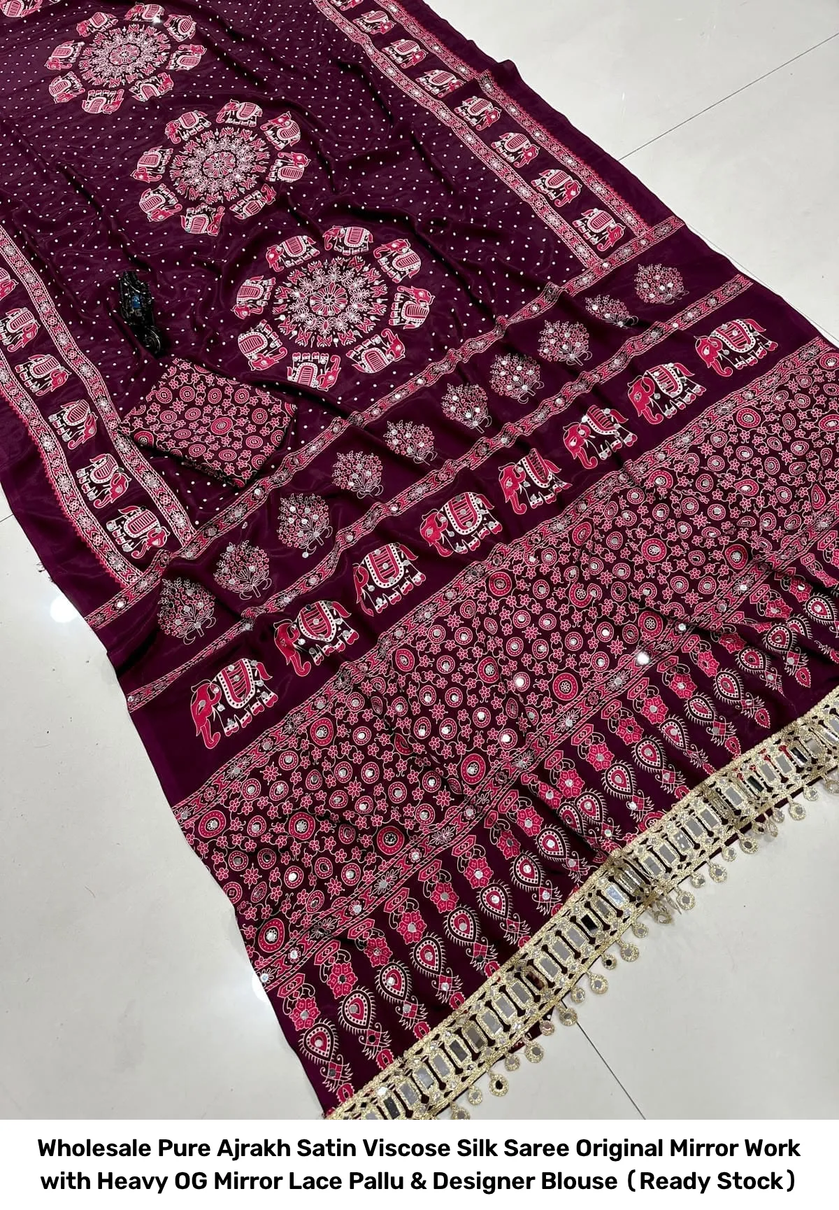 Wholesale Pure Ajrakh Satin Viscose Silk Saree – Original Mirror Work with Heavy OG Mirror Lace Pallu & Designer Blouse (Ready Stock) 4