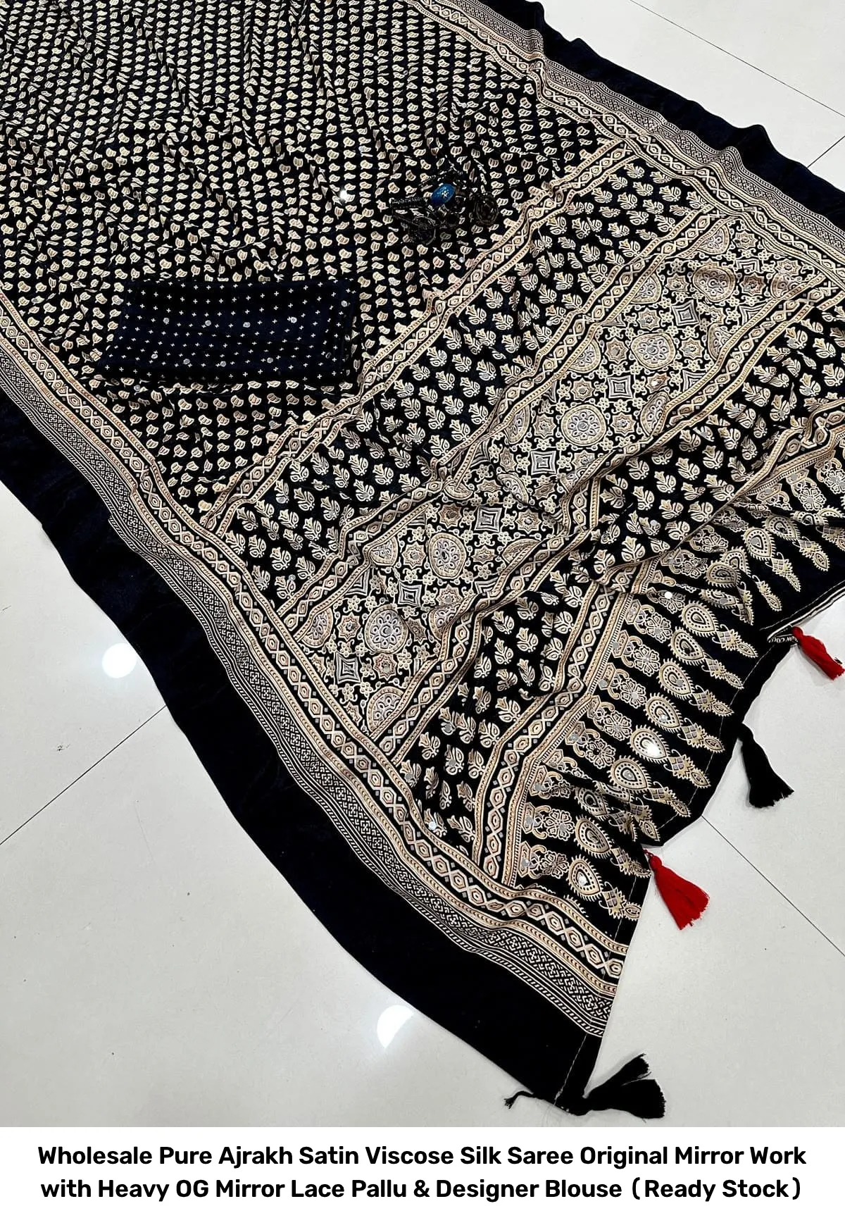 Wholesale Pure Ajrakh Satin Viscose Silk Saree – Original Mirror Work with Heavy OG Mirror Lace Pallu & Designer Blouse (Ready Stock) 5