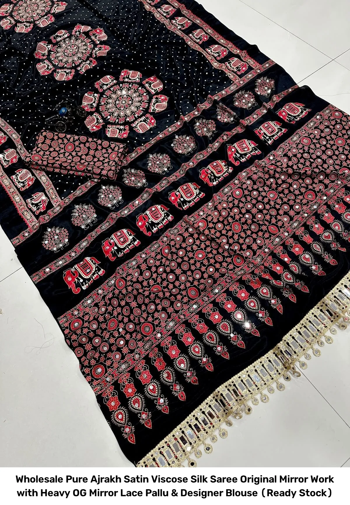 Wholesale Pure Ajrakh Satin Viscose Silk Saree – Original Mirror Work with Heavy OG Mirror Lace Pallu & Designer Blouse (Ready Stock) 6