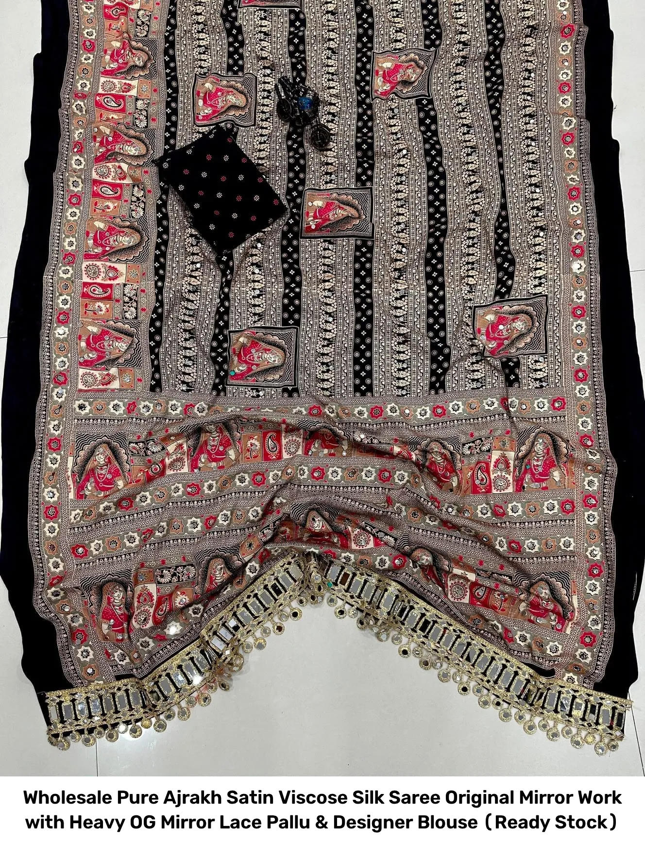 Wholesale Pure Ajrakh Satin Viscose Silk Saree – Original Mirror Work with Heavy OG Mirror Lace Pallu & Designer Blouse (Ready Stock) 7